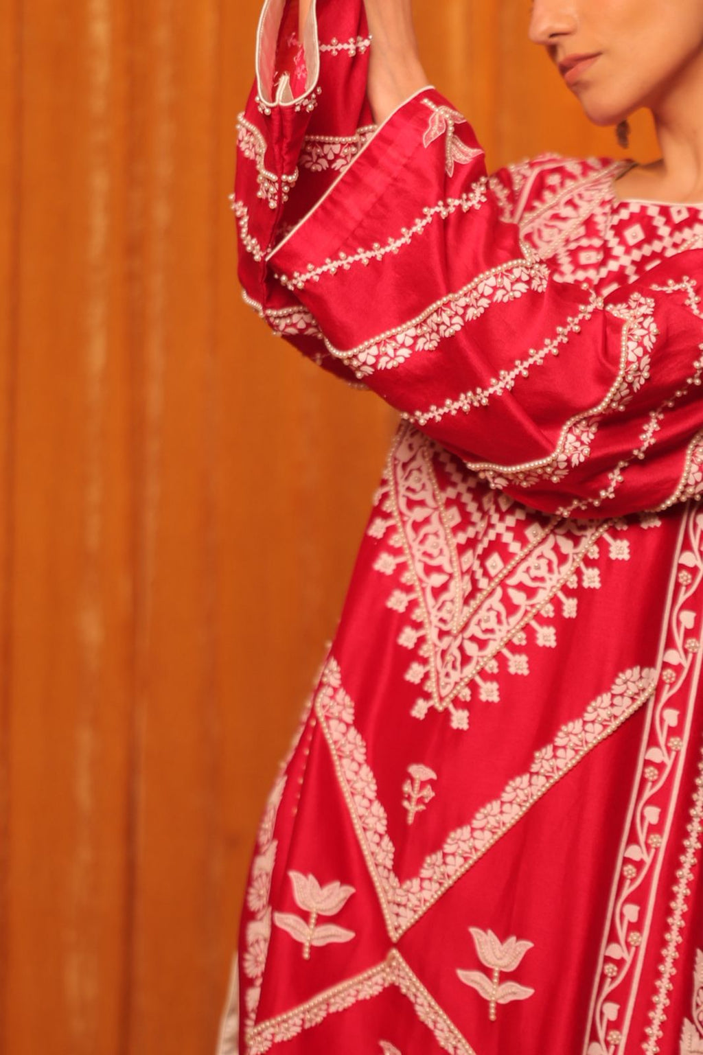 Pink & Grey Block Print with Hand Embroidery Kurta Set