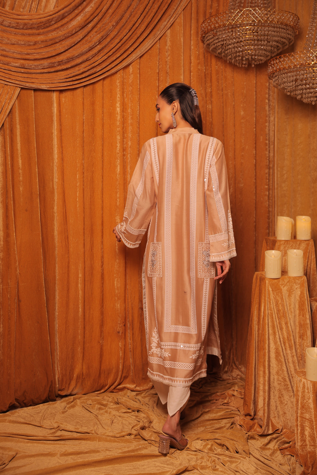 Beige Block Printed Embroidered Kurta Set