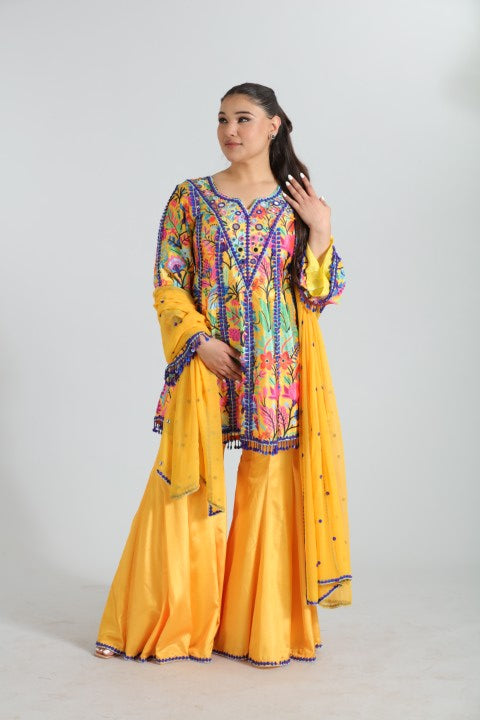 Meher  Mustard Yellow Printed Crepe Silk Set