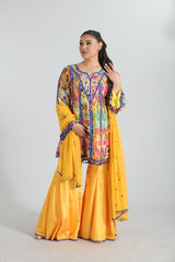 Meher  Mustard Yellow Printed Crepe Silk Set