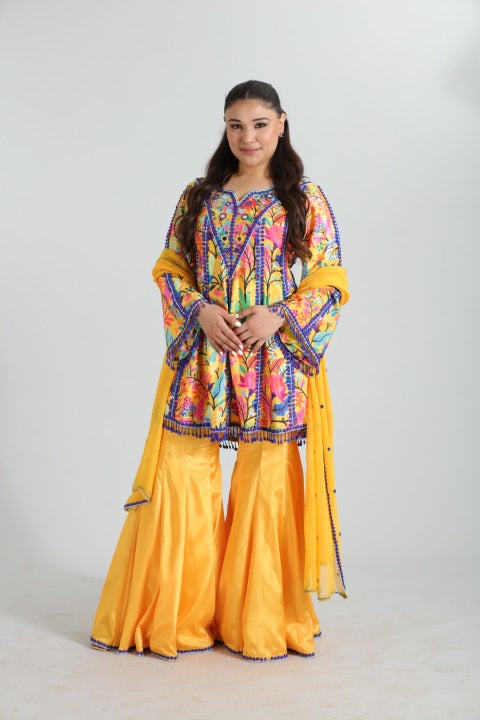 Meher  Mustard Yellow Printed Crepe Silk Set
