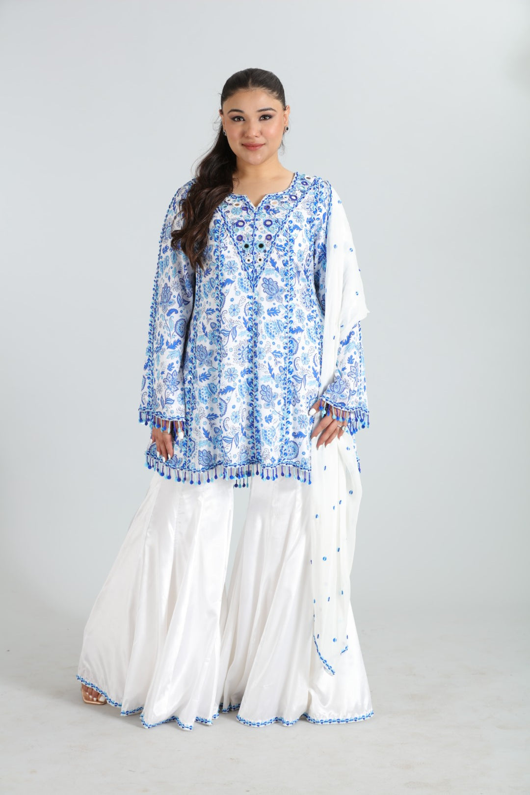 Meher White and blue Printed Crepe Silk Set