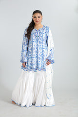 Meher White and blue Printed Crepe Silk Set