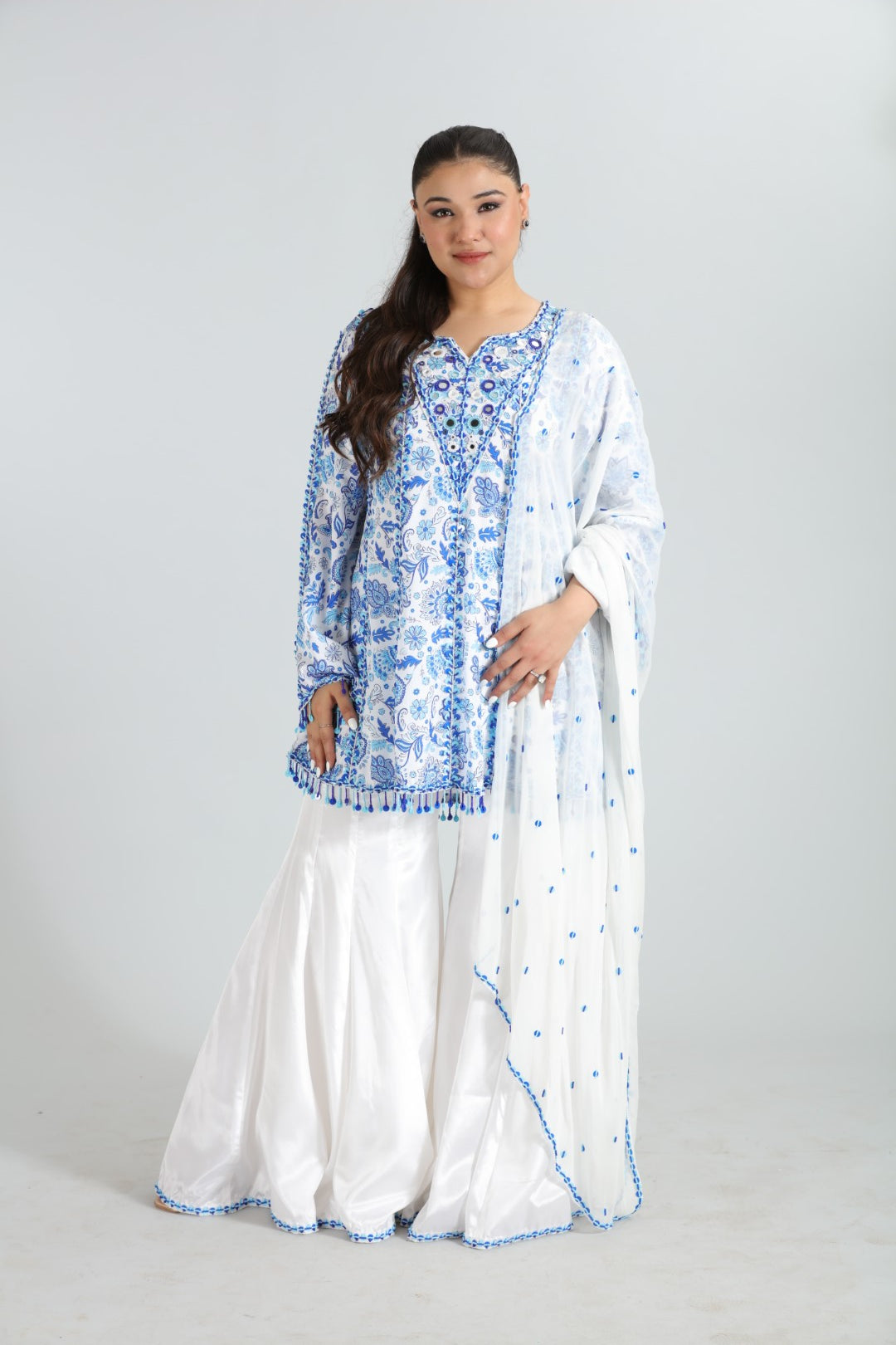 Meher White and blue Printed Crepe Silk Set