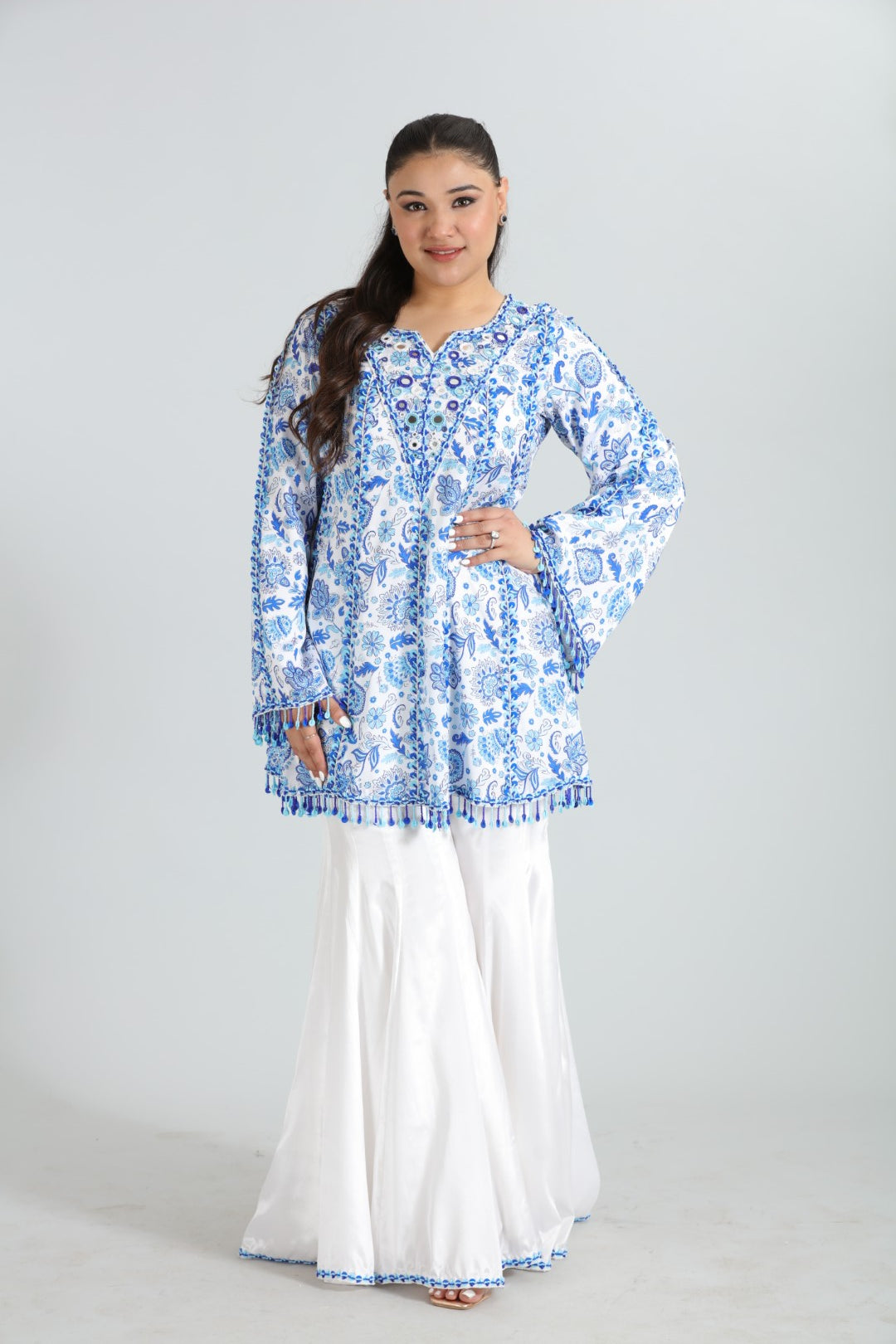 Meher White and blue Printed Crepe Silk Set