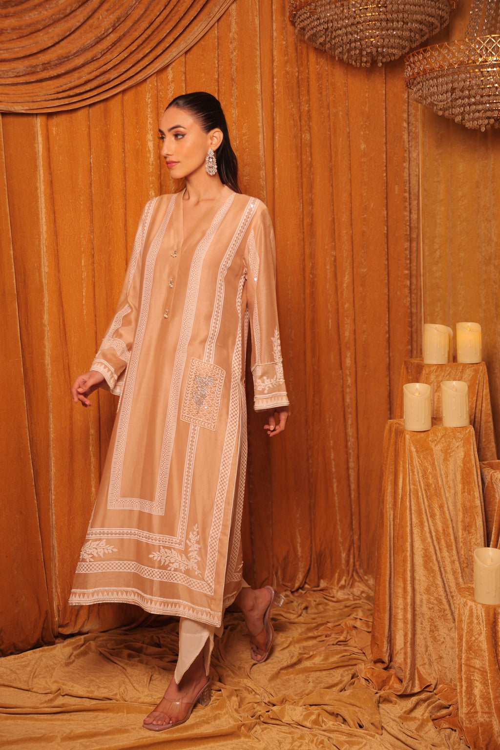 Beige Block Printed Embroidered Kurta Set