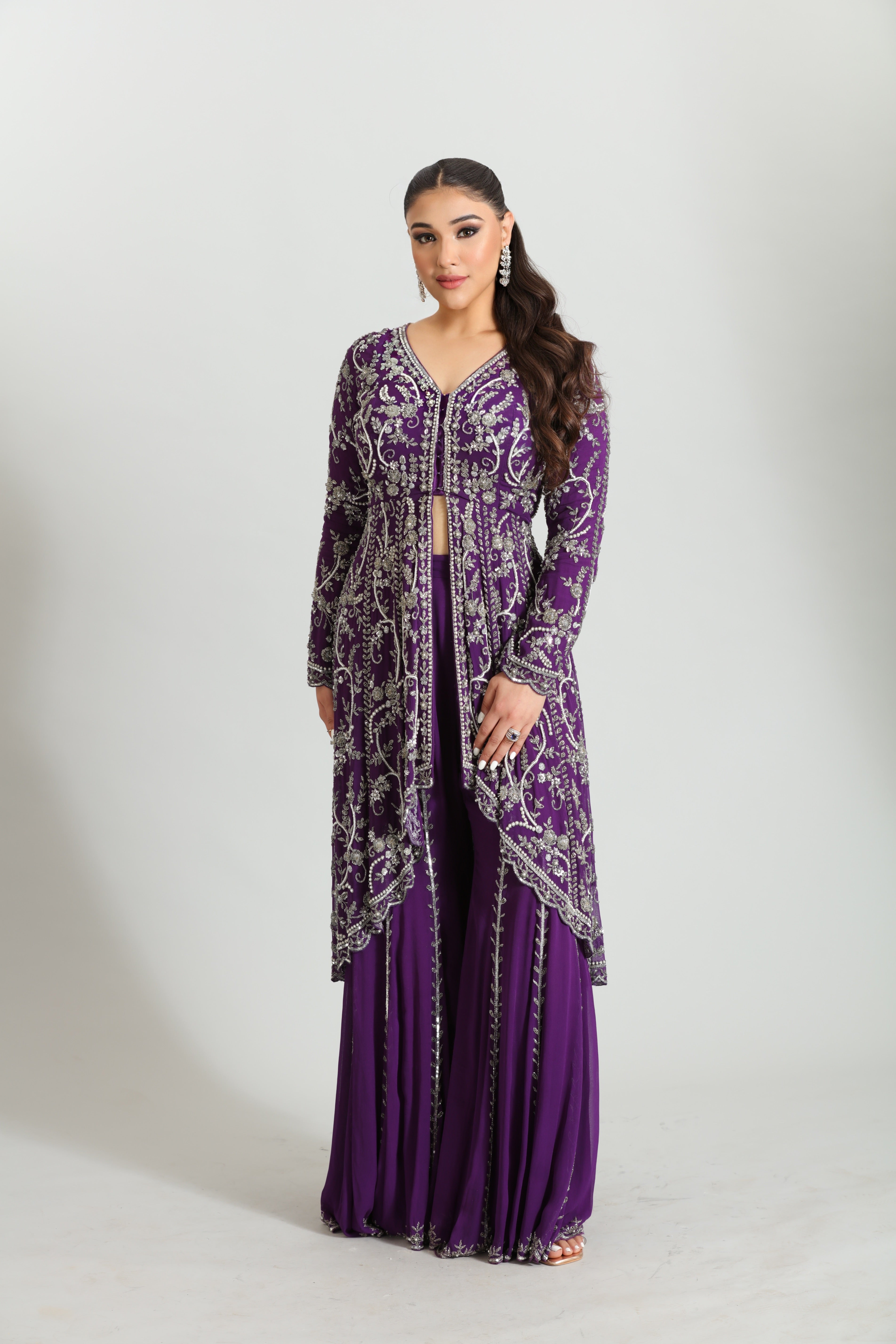 Purple Long Jacket Style Sharara Set