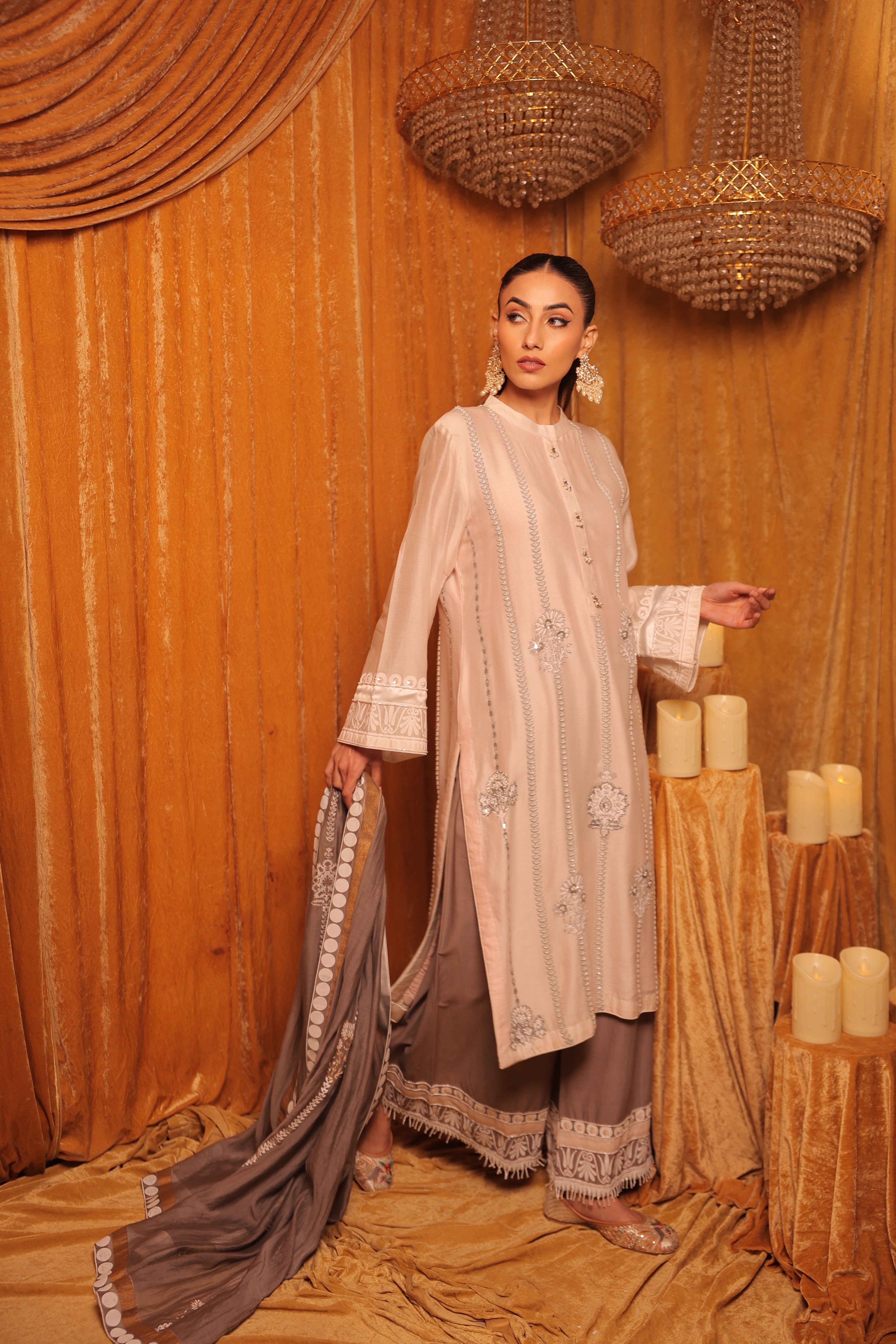 Elegant Pearl Beige Embroidered Kurta Set