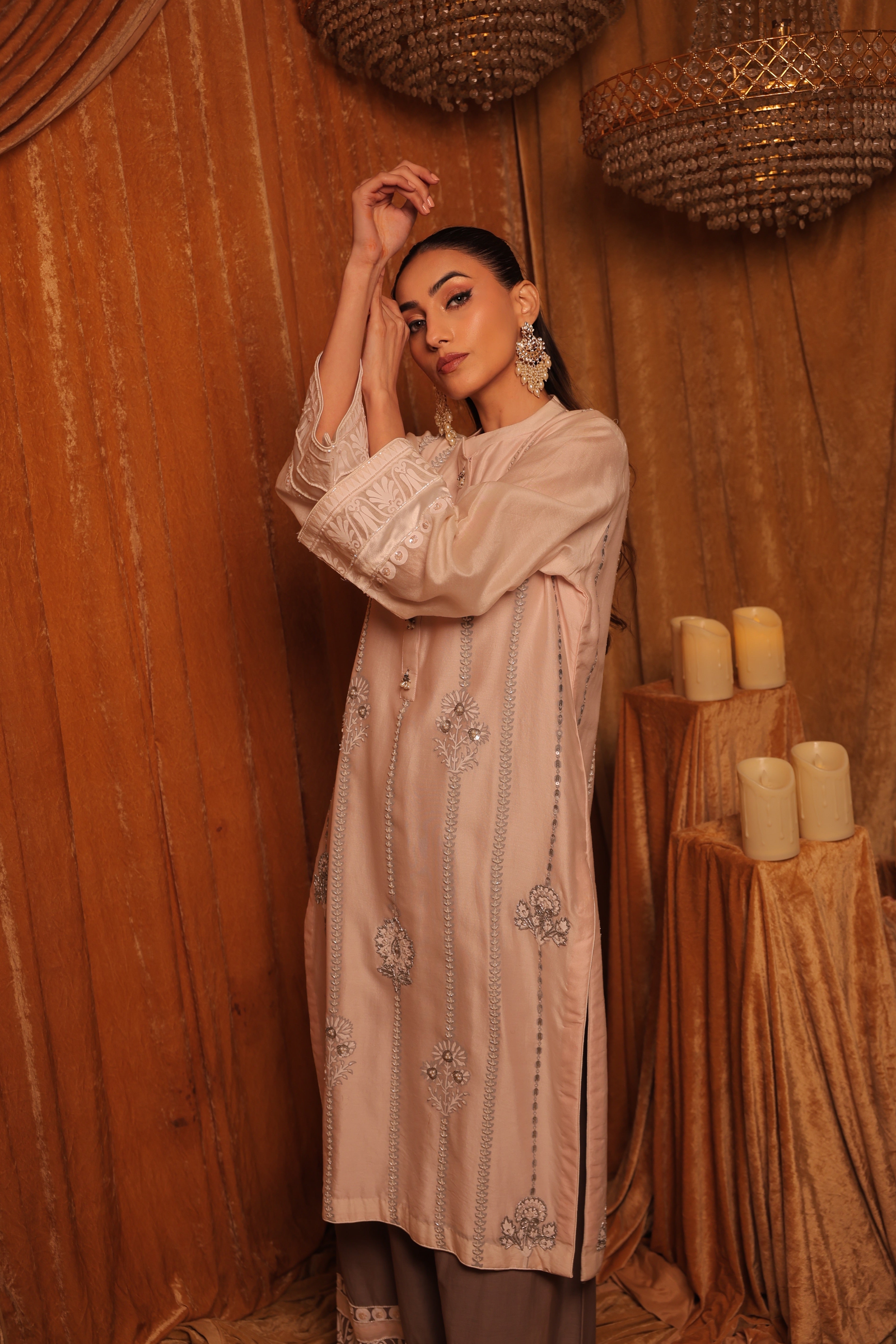 Elegant Pearl Beige Embroidered Kurta Set