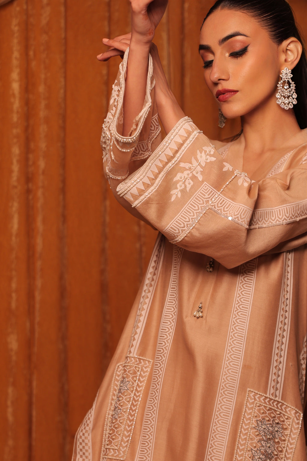 Beige Block Printed Embroidered Kurta Set