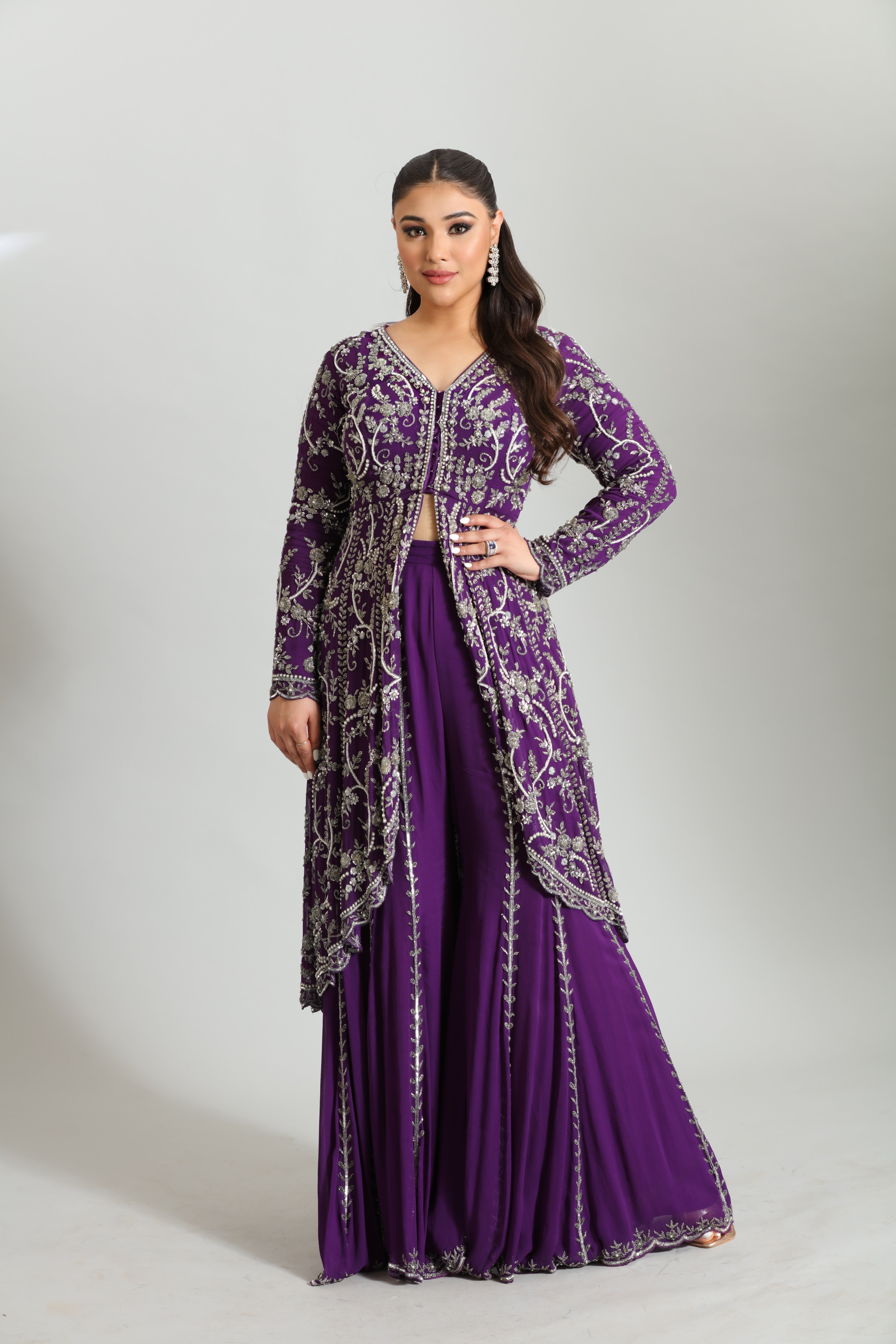Purple Long Jacket Style Sharara Set