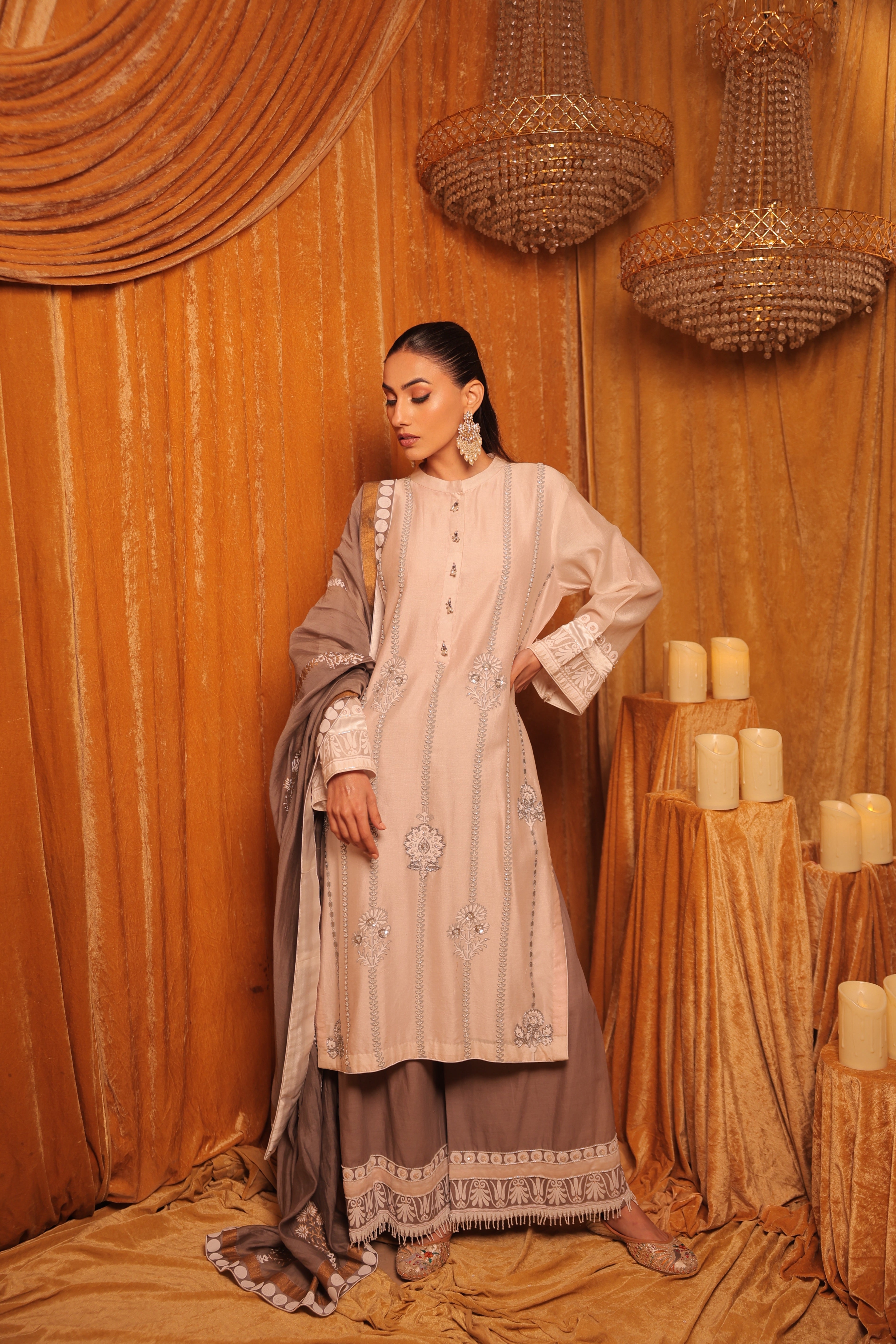 White & Black Embroidered Kurta Set