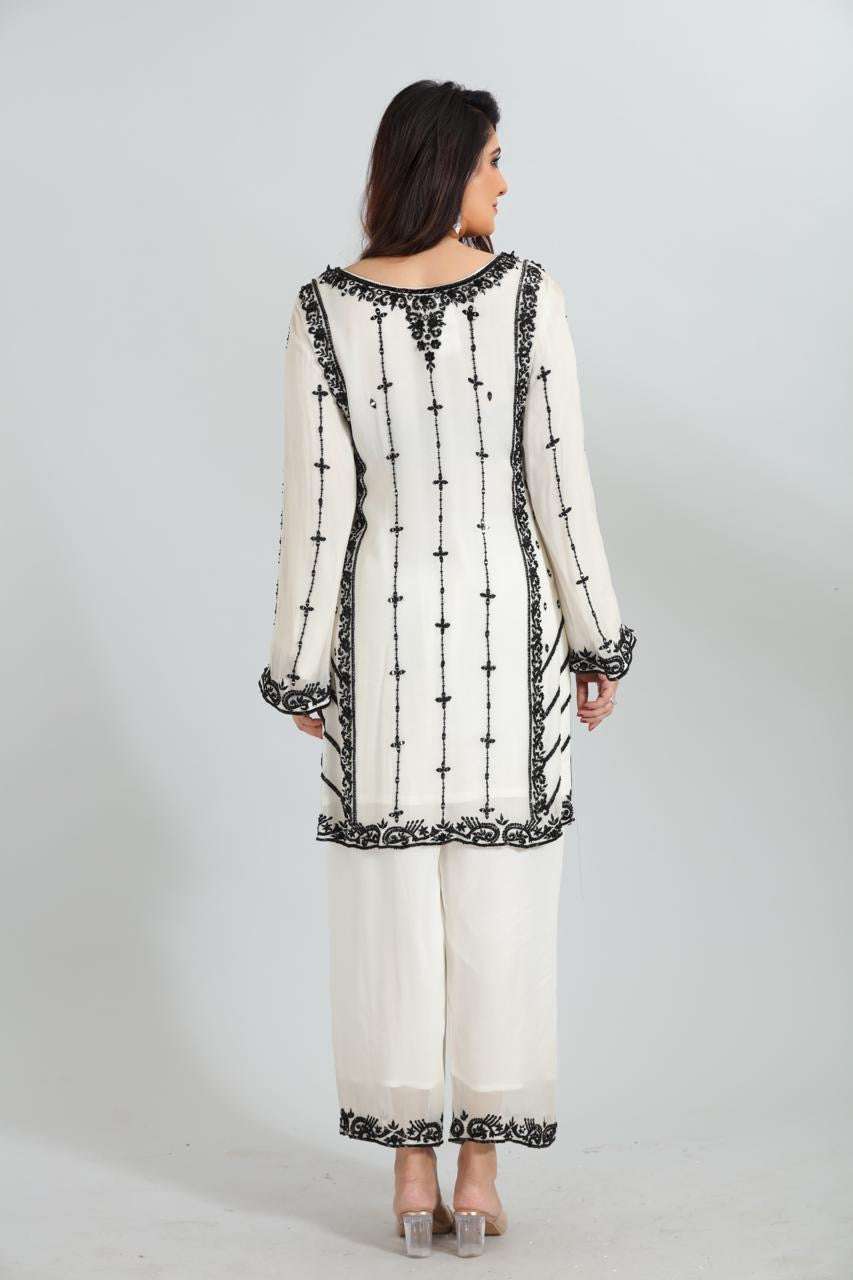 Red and White Block Printed Embroidered Kurta Set