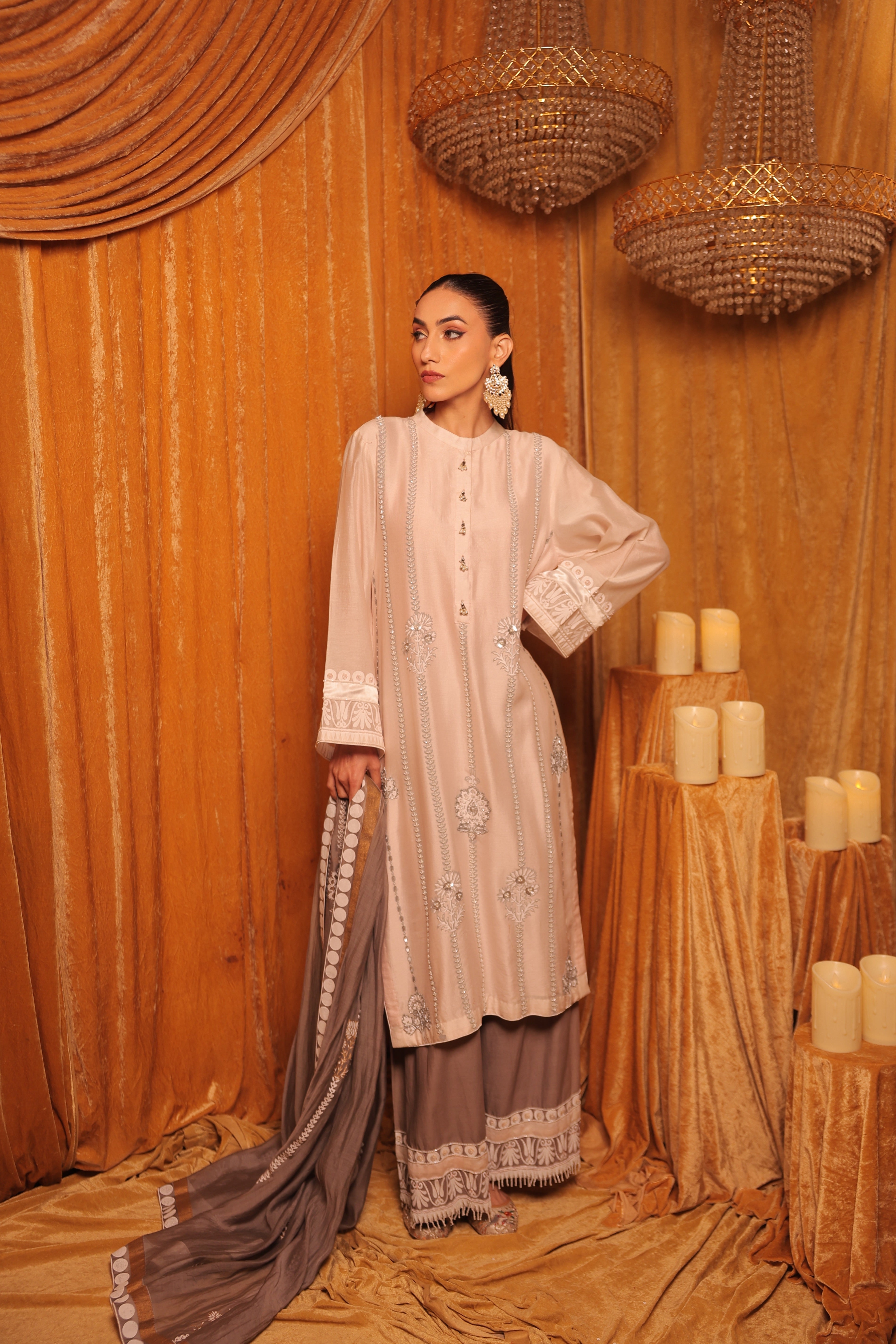 Elegant Pearl Beige Embroidered Kurta Set