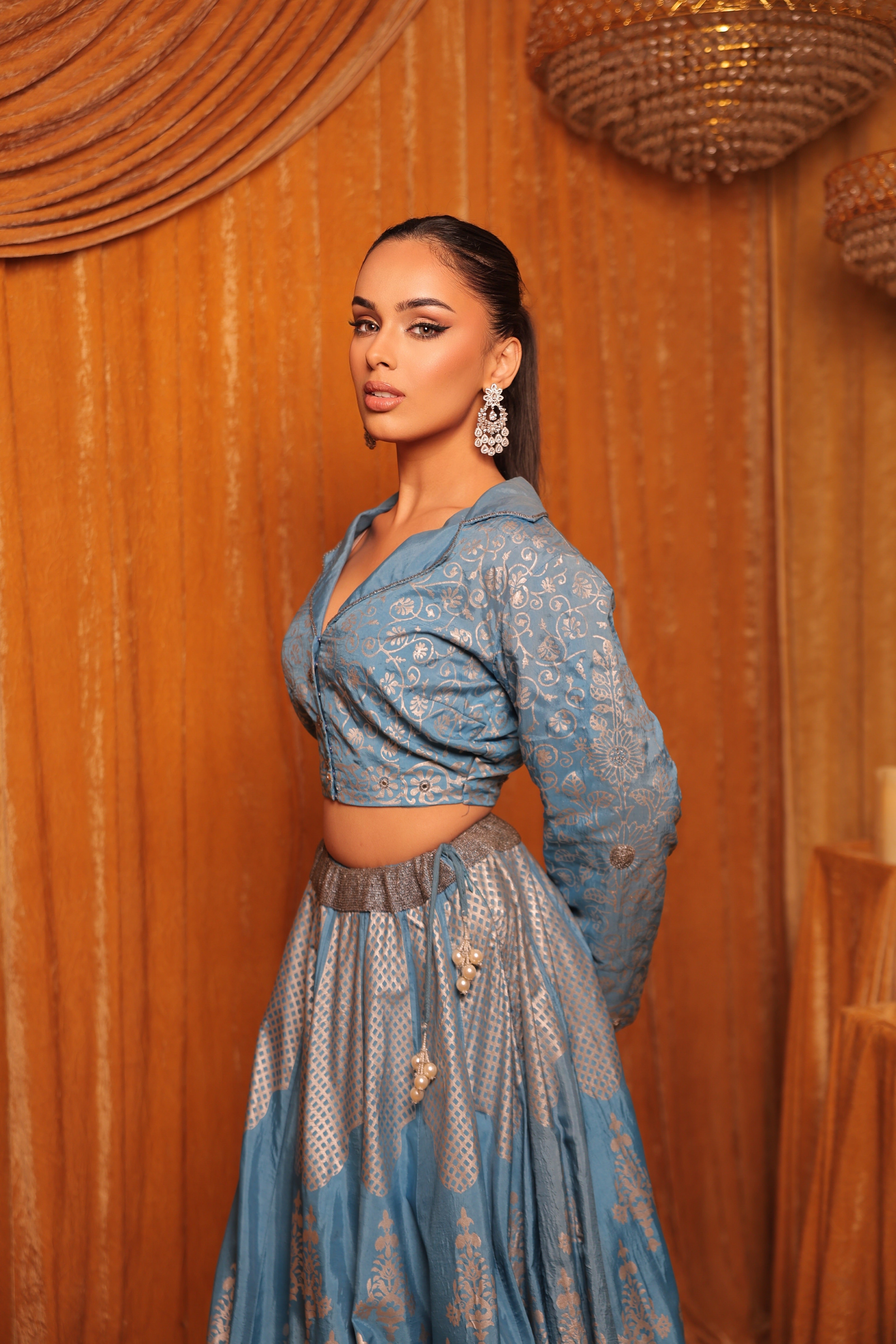 Powder Blue Silk Block Print Lehenga Set