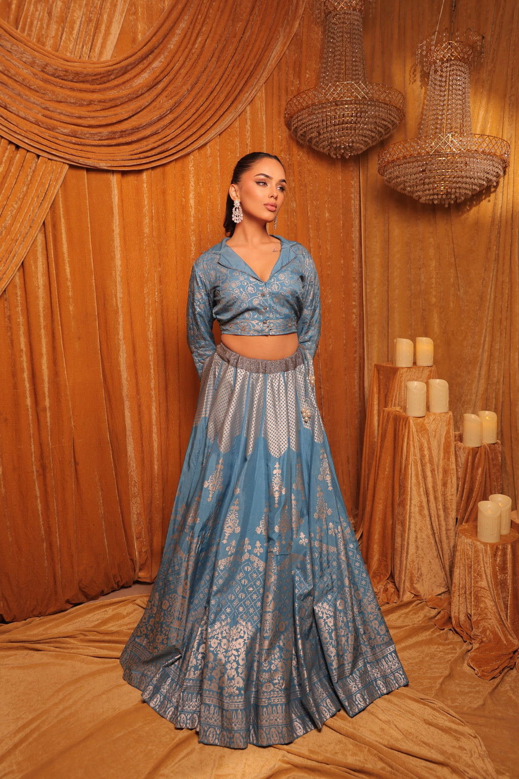 Powder Blue Silk Block Print Lehenga Set