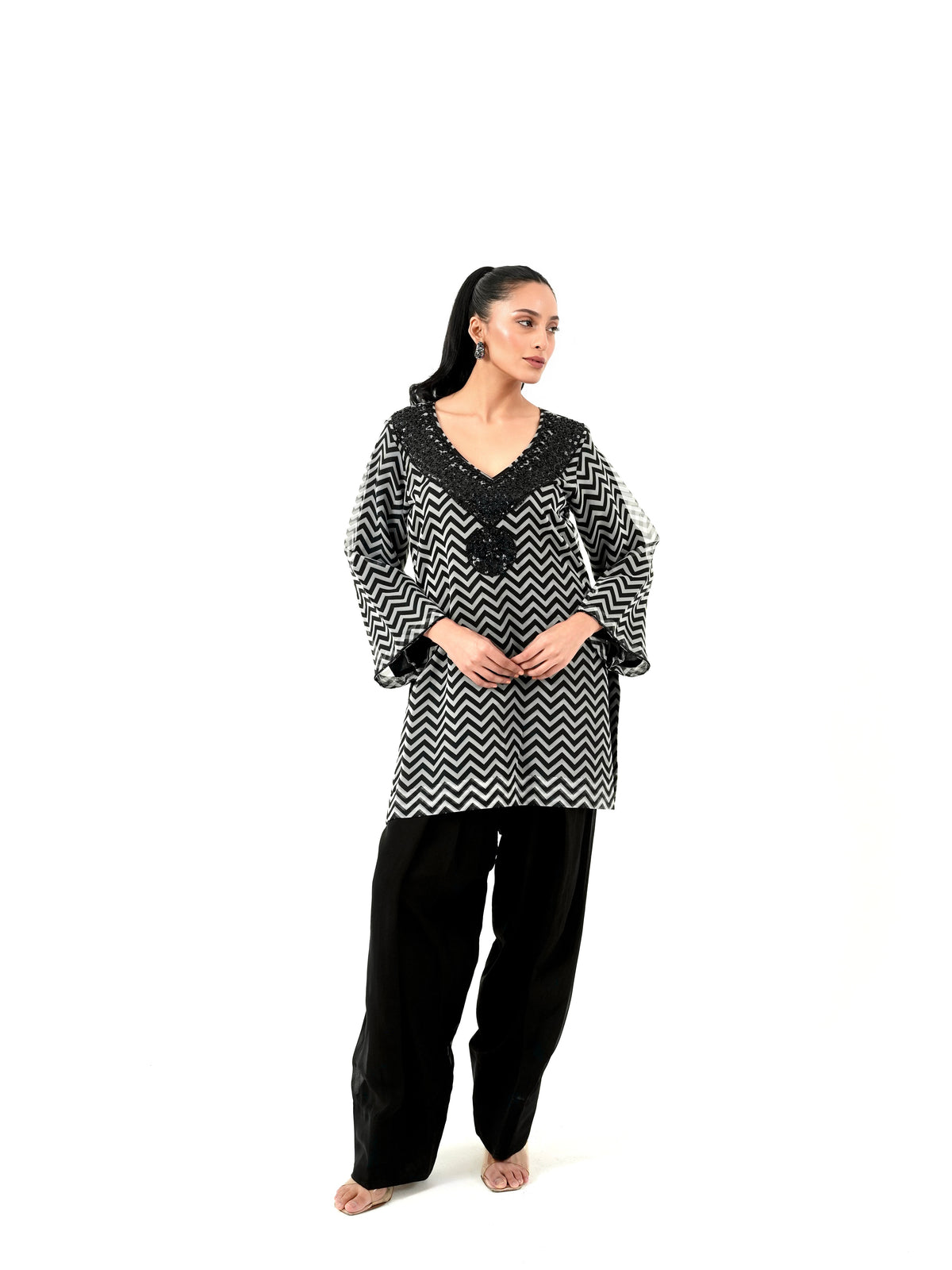 Black and White Chevron Hand Embroidered Kurta Set