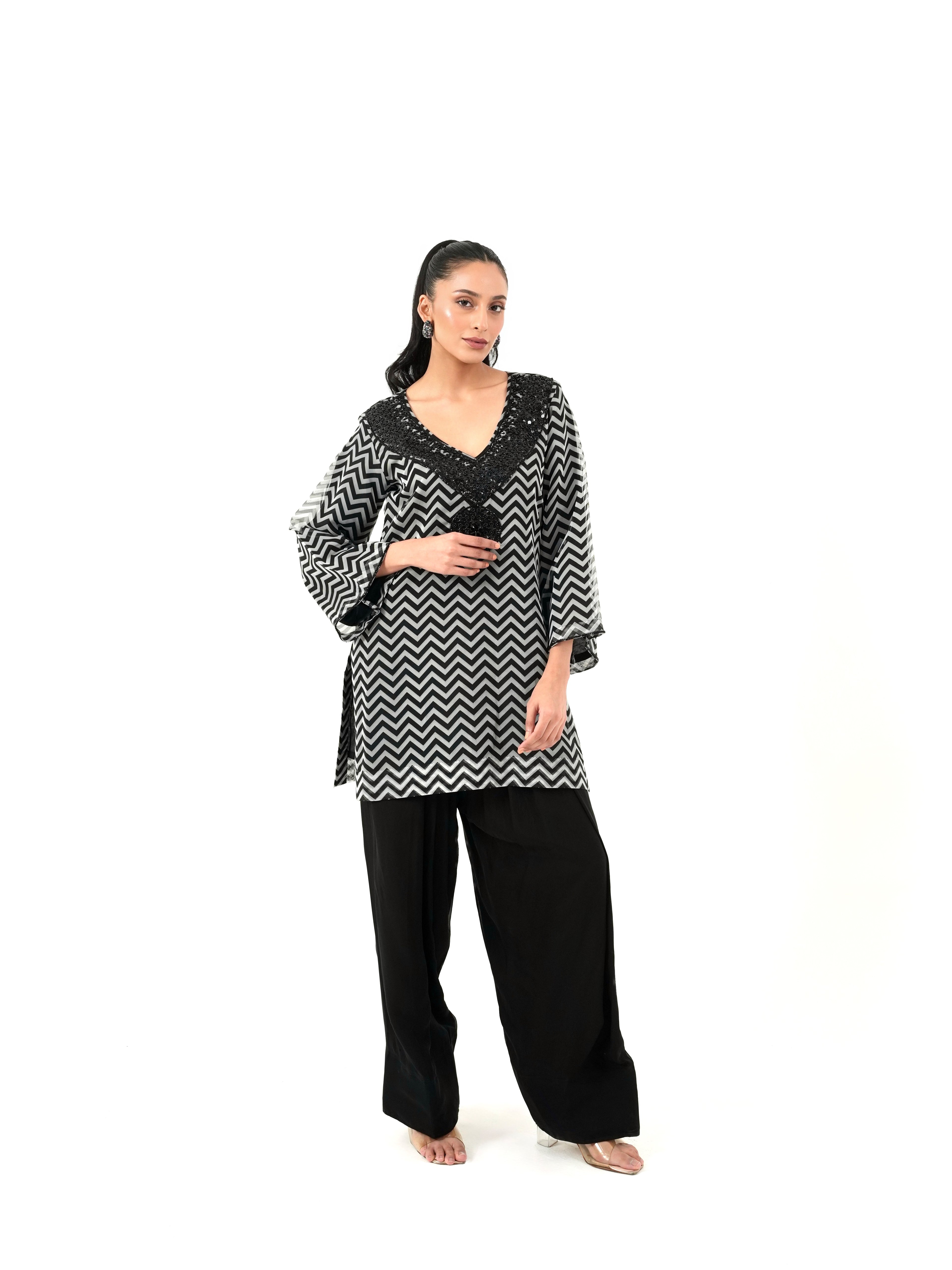 Black and White Chevron Hand Embroidered Kurta Set