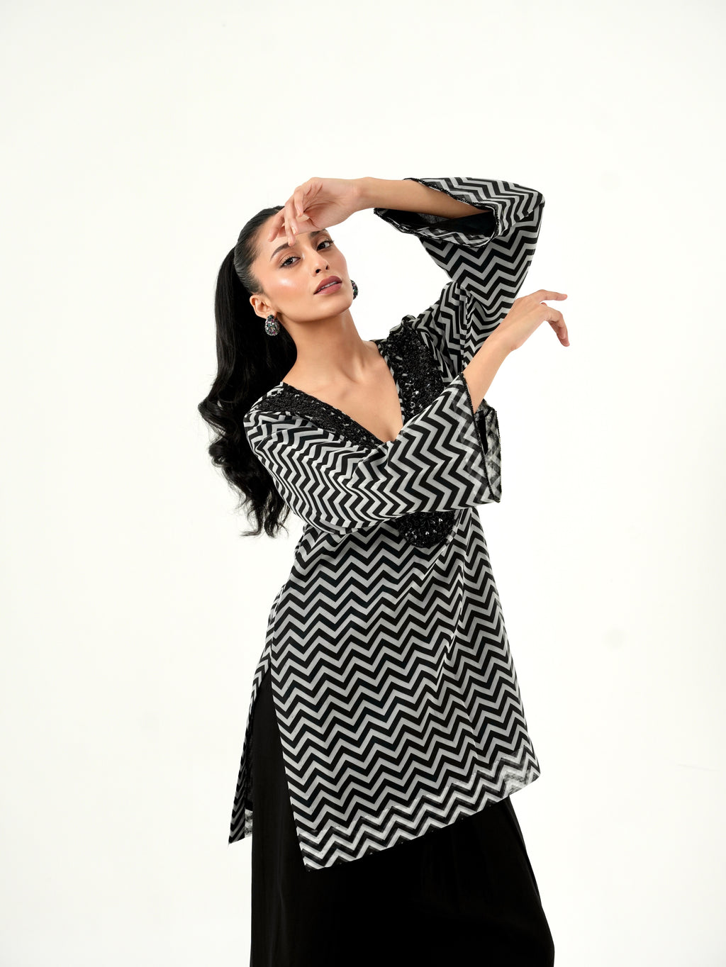 Black and White Chevron Hand Embroidered Kurta Set