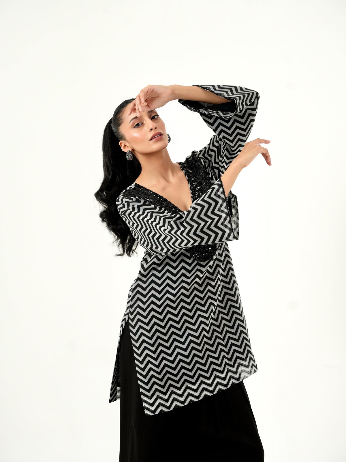 Black and White Chevron Hand Embroidered Kurta Set
