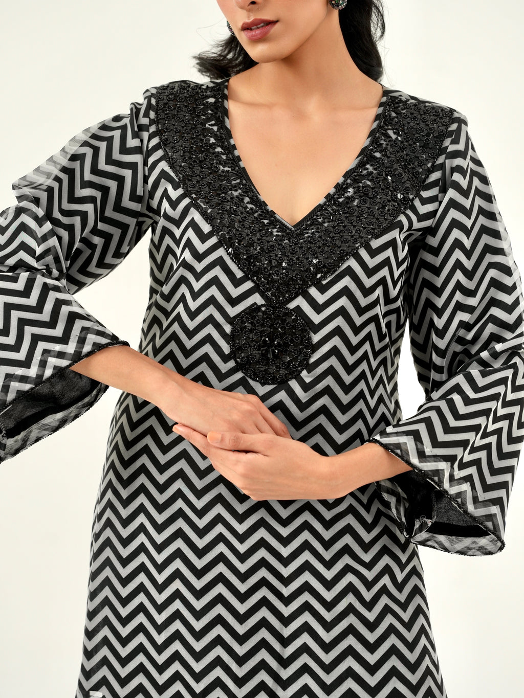 Black and White Chevron Hand Embroidered Kurta Set