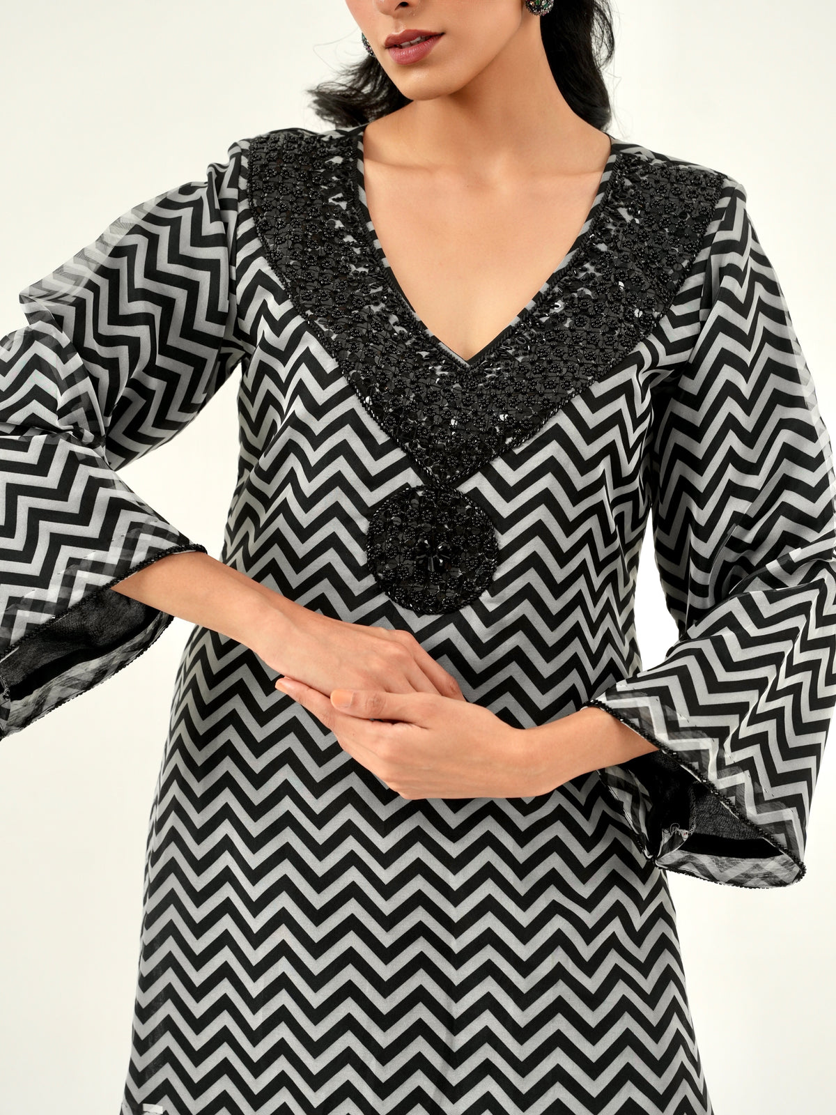 Black and White Chevron Hand Embroidered Kurta Set