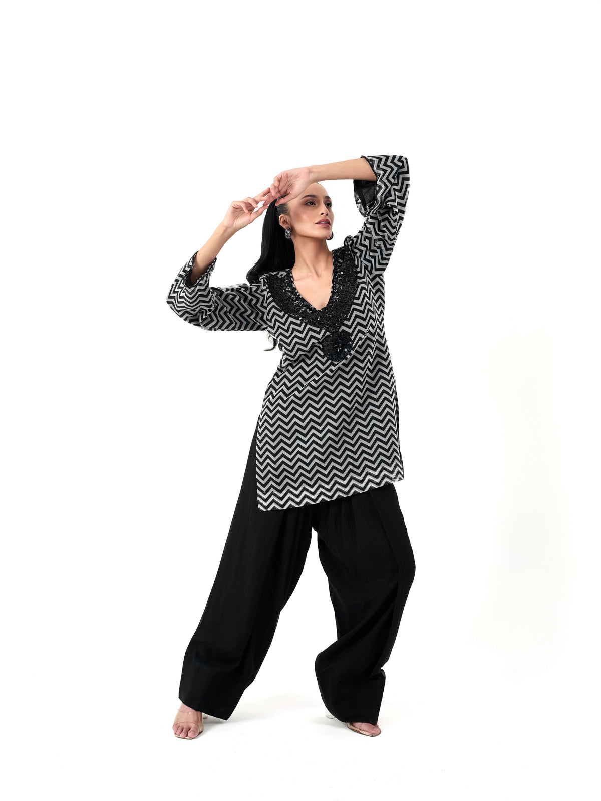 Black and White Chevron Hand Embroidered Kurta Set
