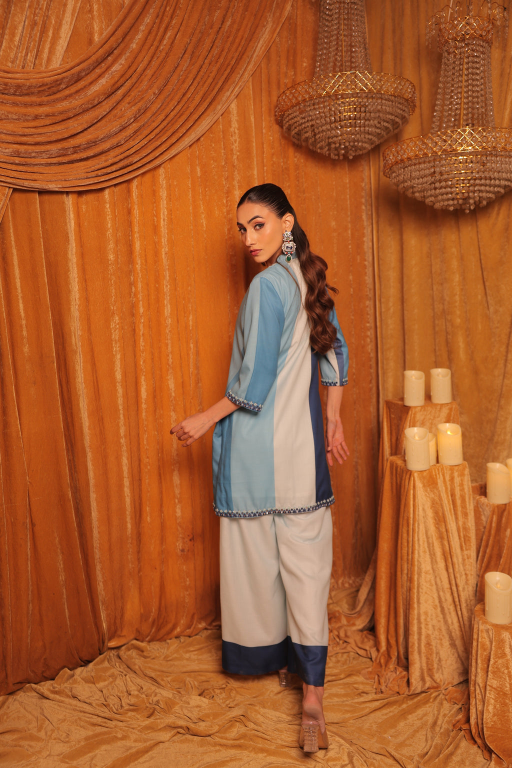 Blue Panel Linen Kurta Set