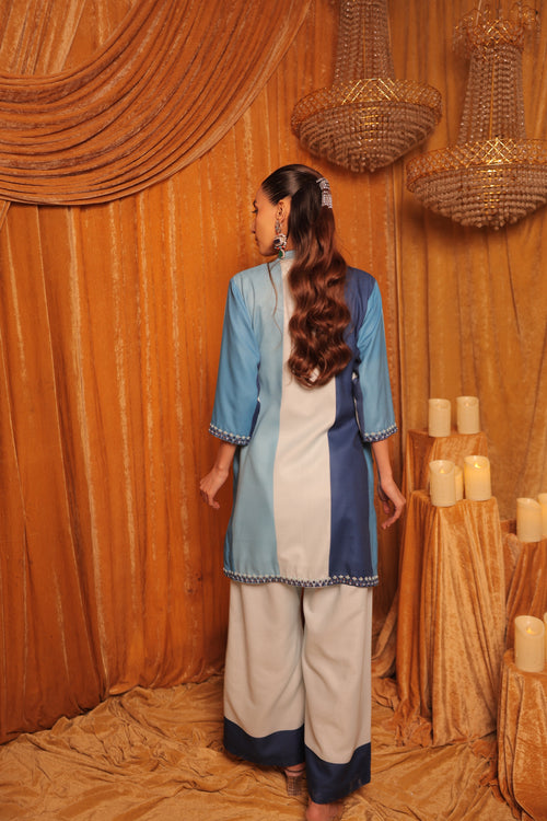 Blue Panel Linen Kurta Set