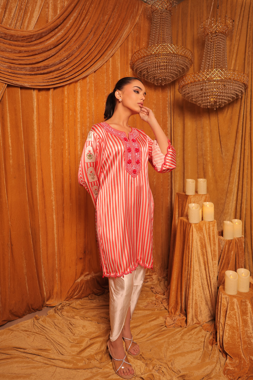 Red and White Stripes Kurta Set