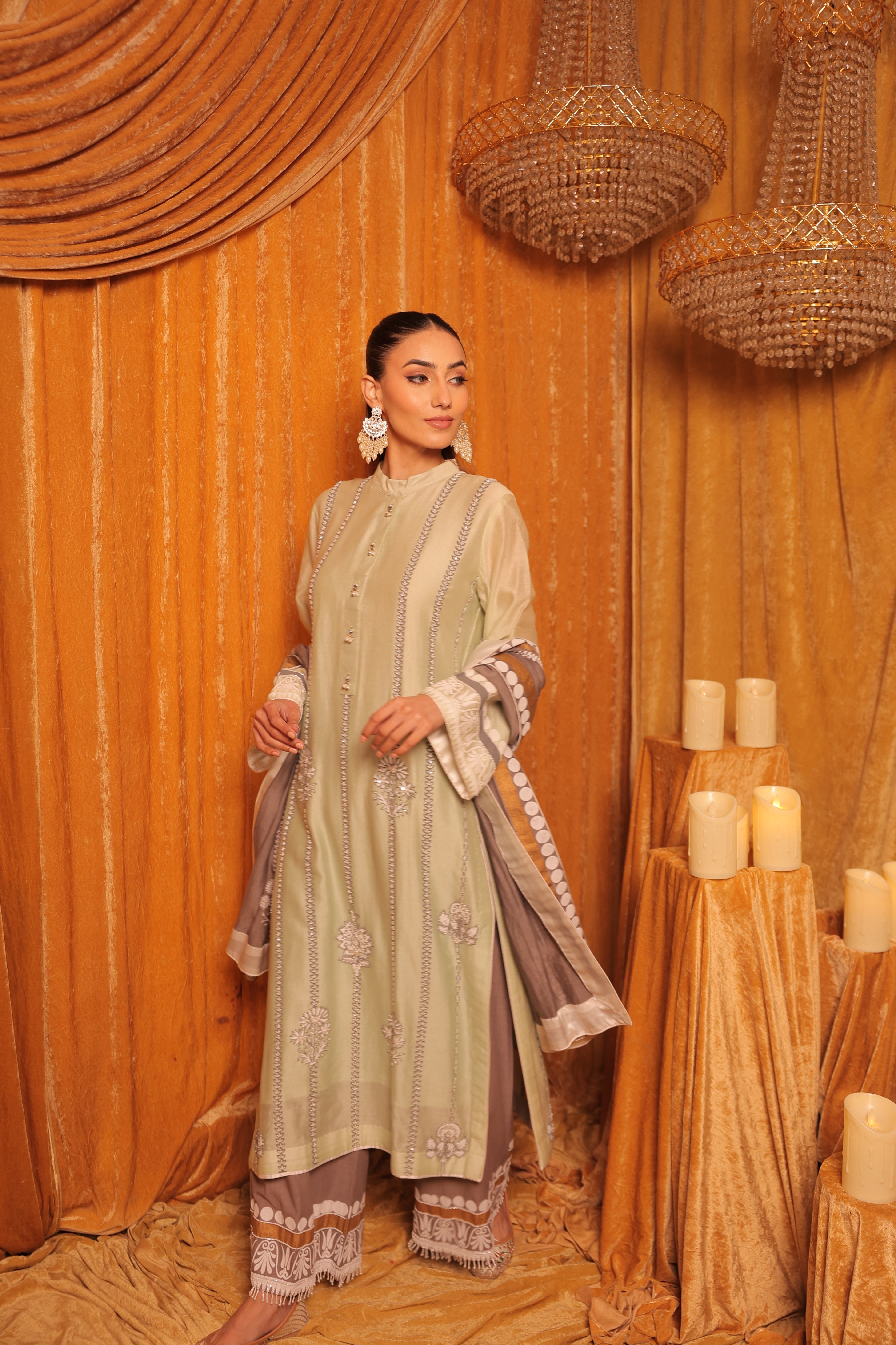 Green & Grey Block Print with Hand Embroidery Kurta Set