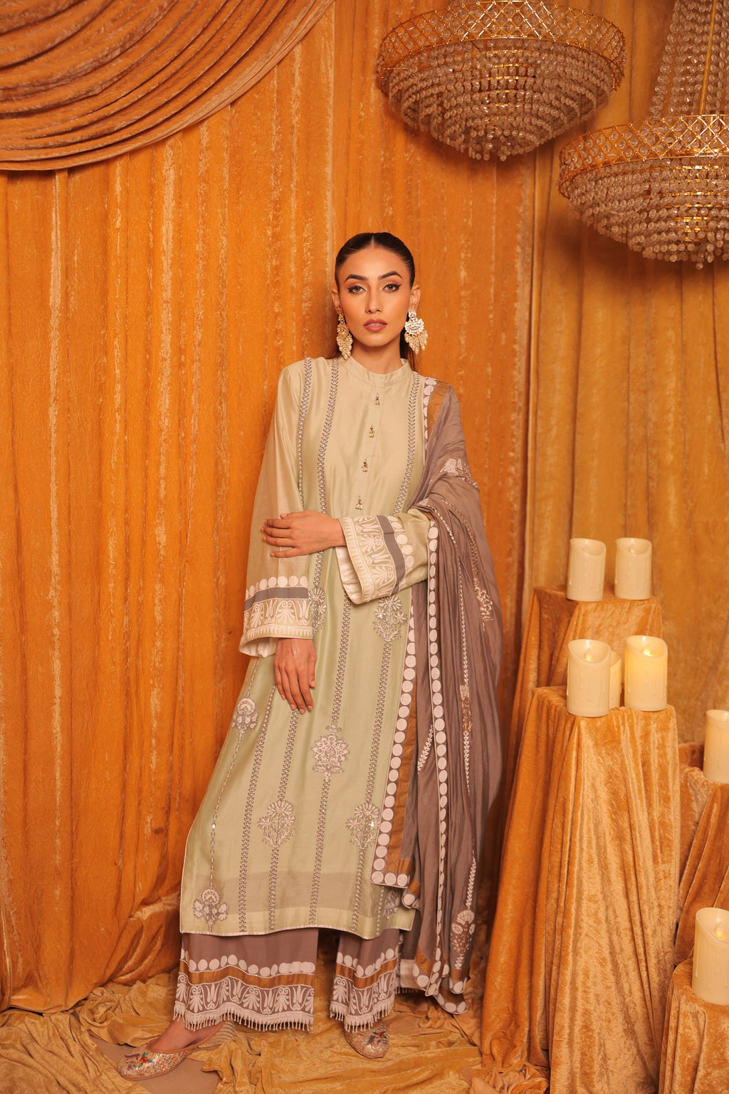 Green & Grey Block Print with Hand Embroidery Kurta Set