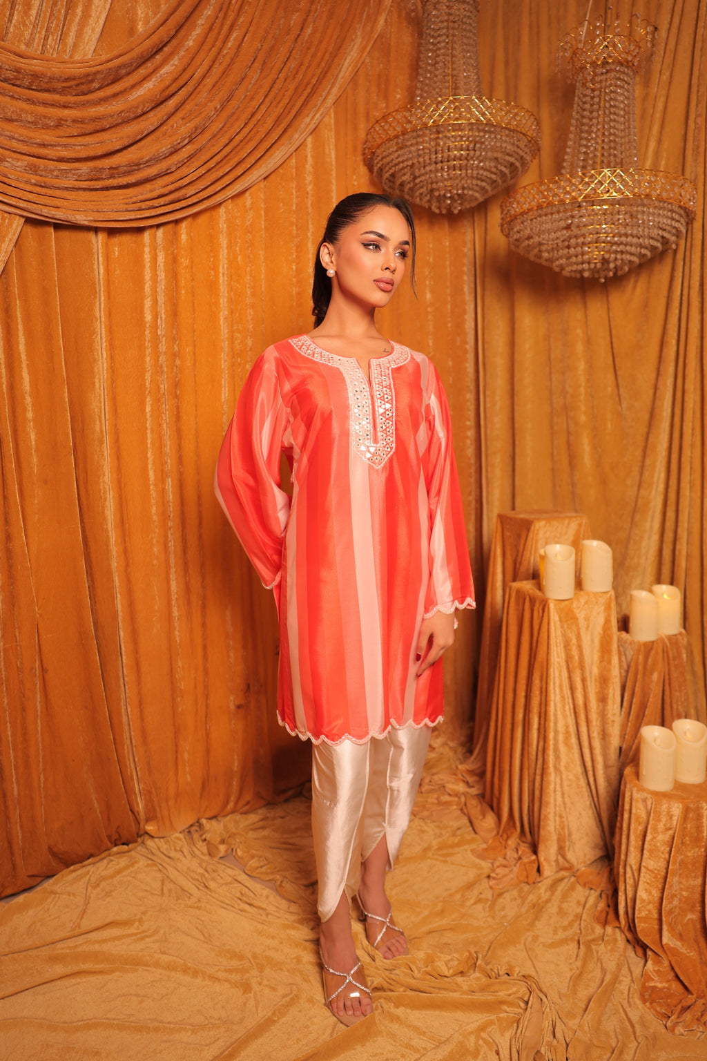Coral Stripes Kurta Set