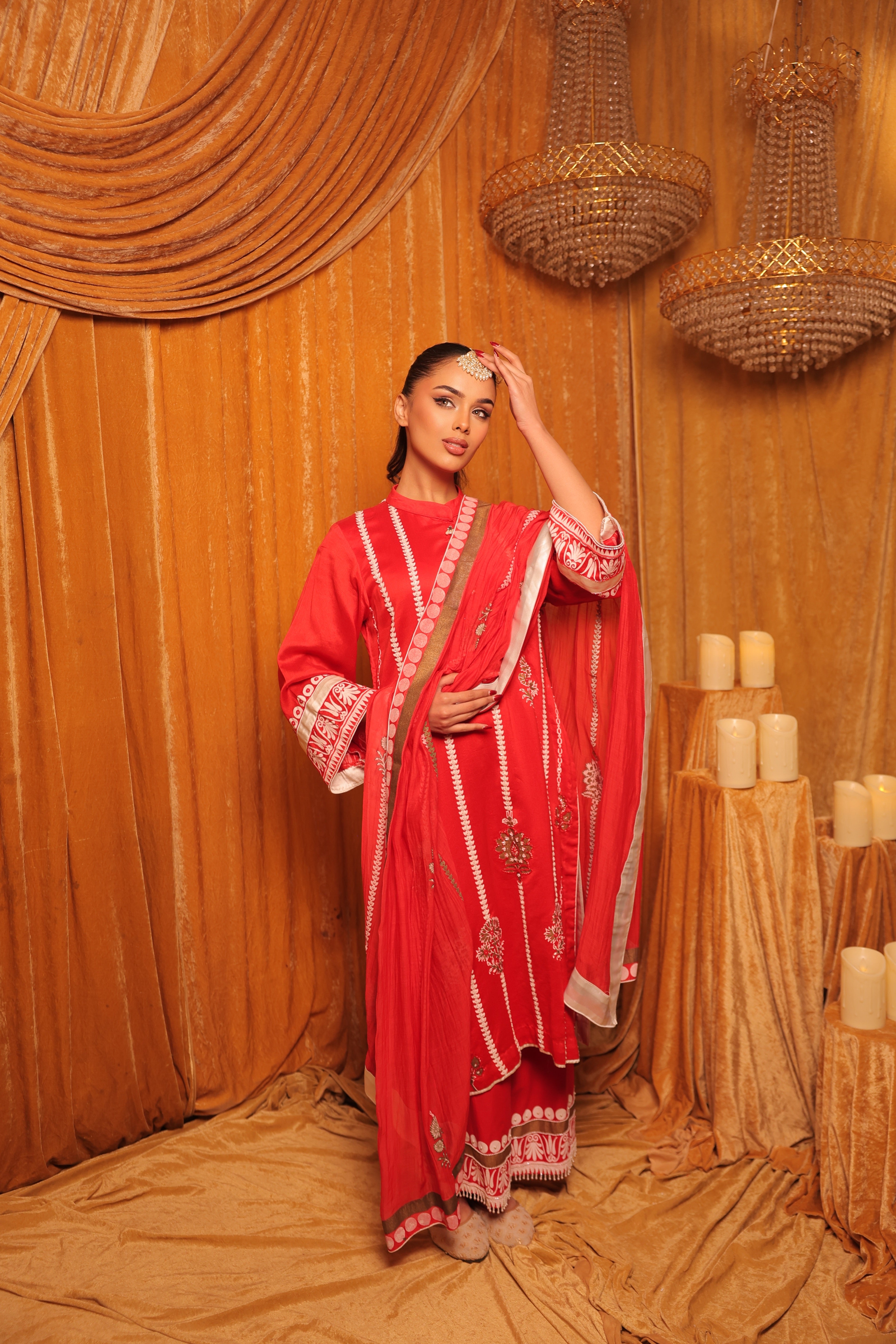 Red Block Print with Hand Embroidery Kurta Set