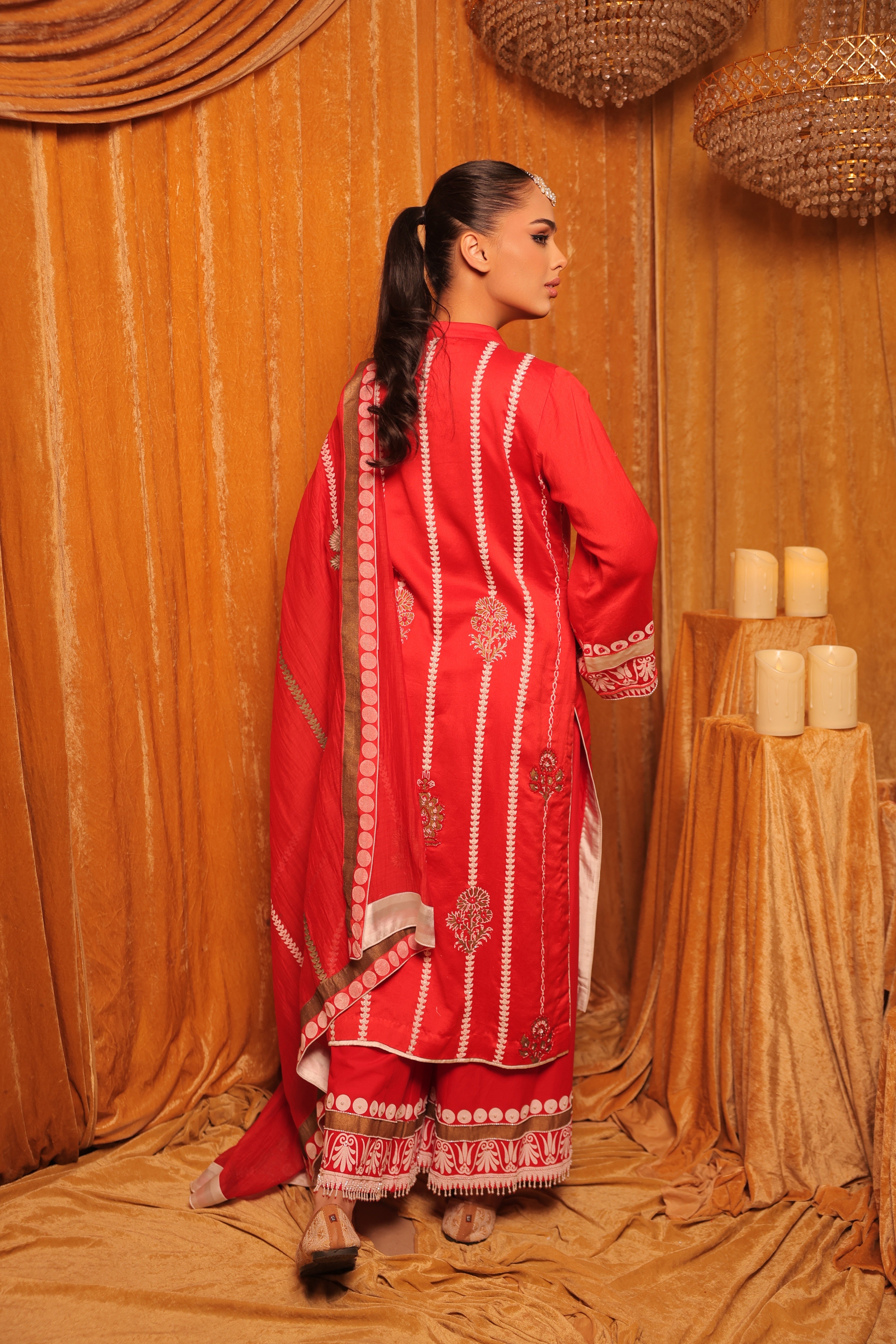 Red Block Print with Hand Embroidery Kurta Set