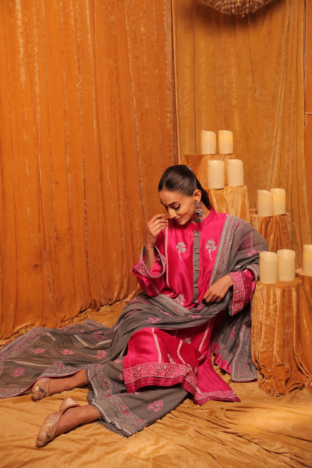 Dark Pink & Grey Block Print with Hand Embroidery Kurta Set