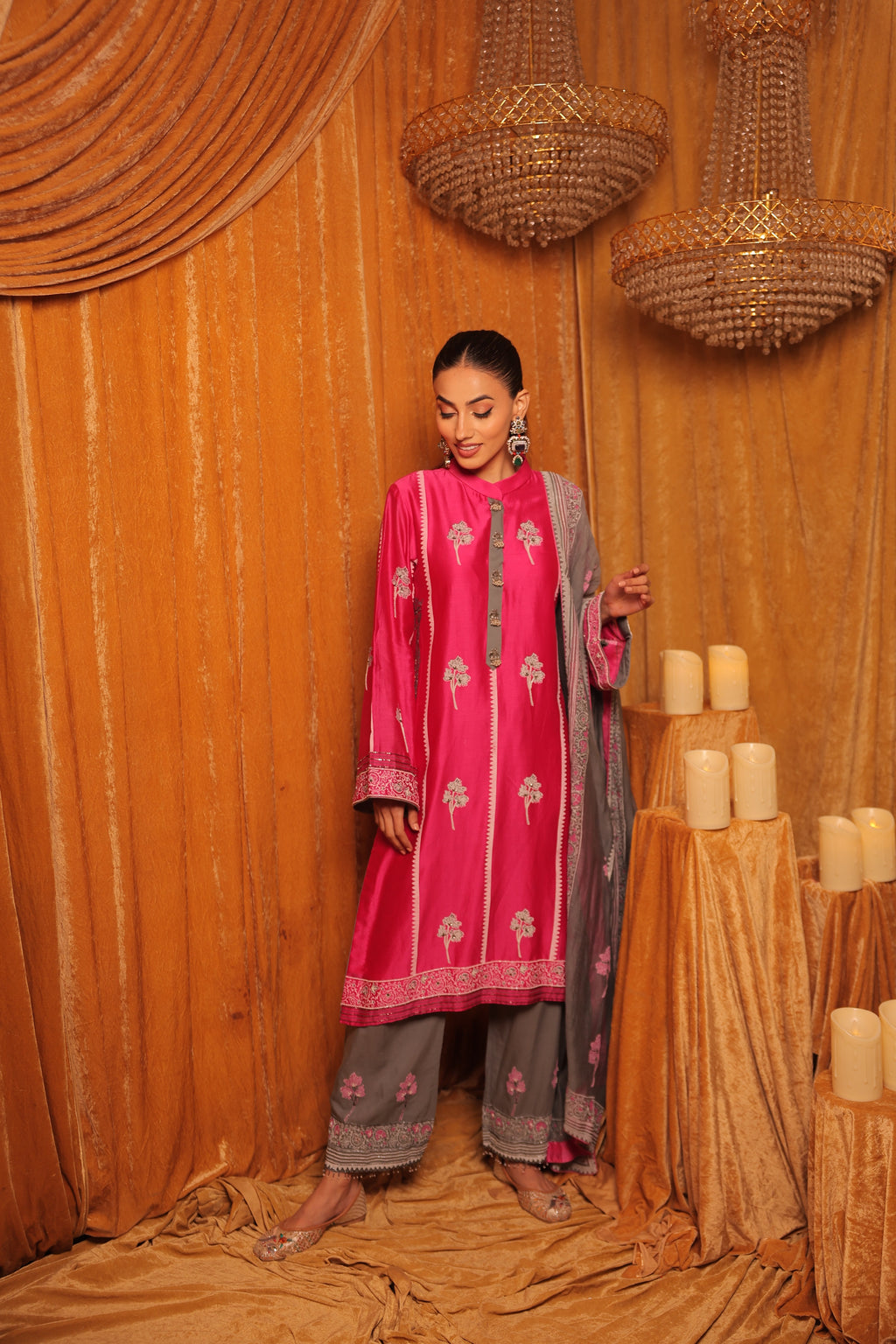 Dark Pink & Grey Block Print with Hand Embroidery Kurta Set
