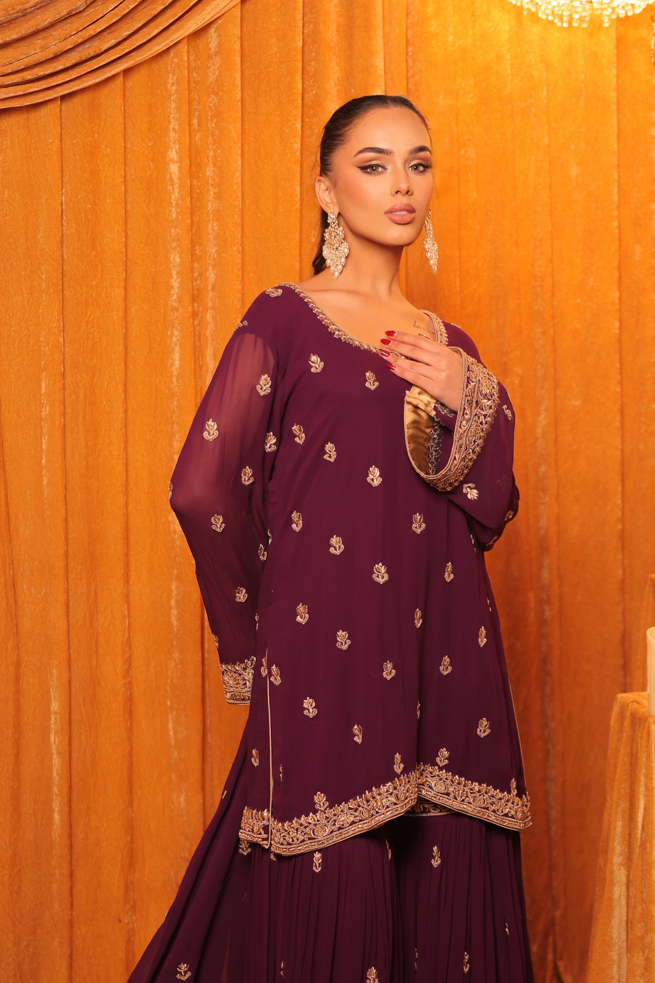 Deep Plum Zari Embroidered Sharara Set