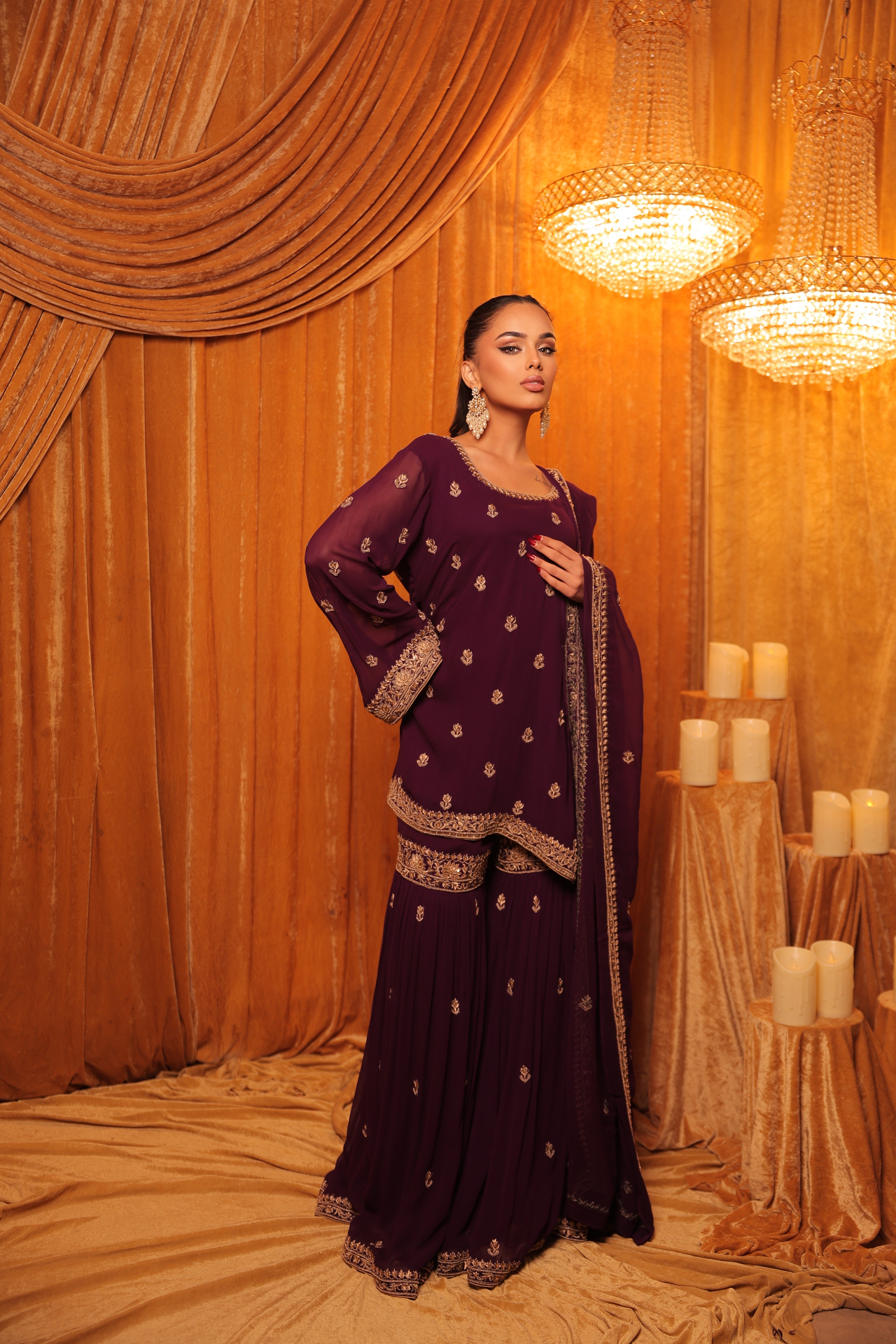 Deep Plum Zari Embroidered Sharara Set