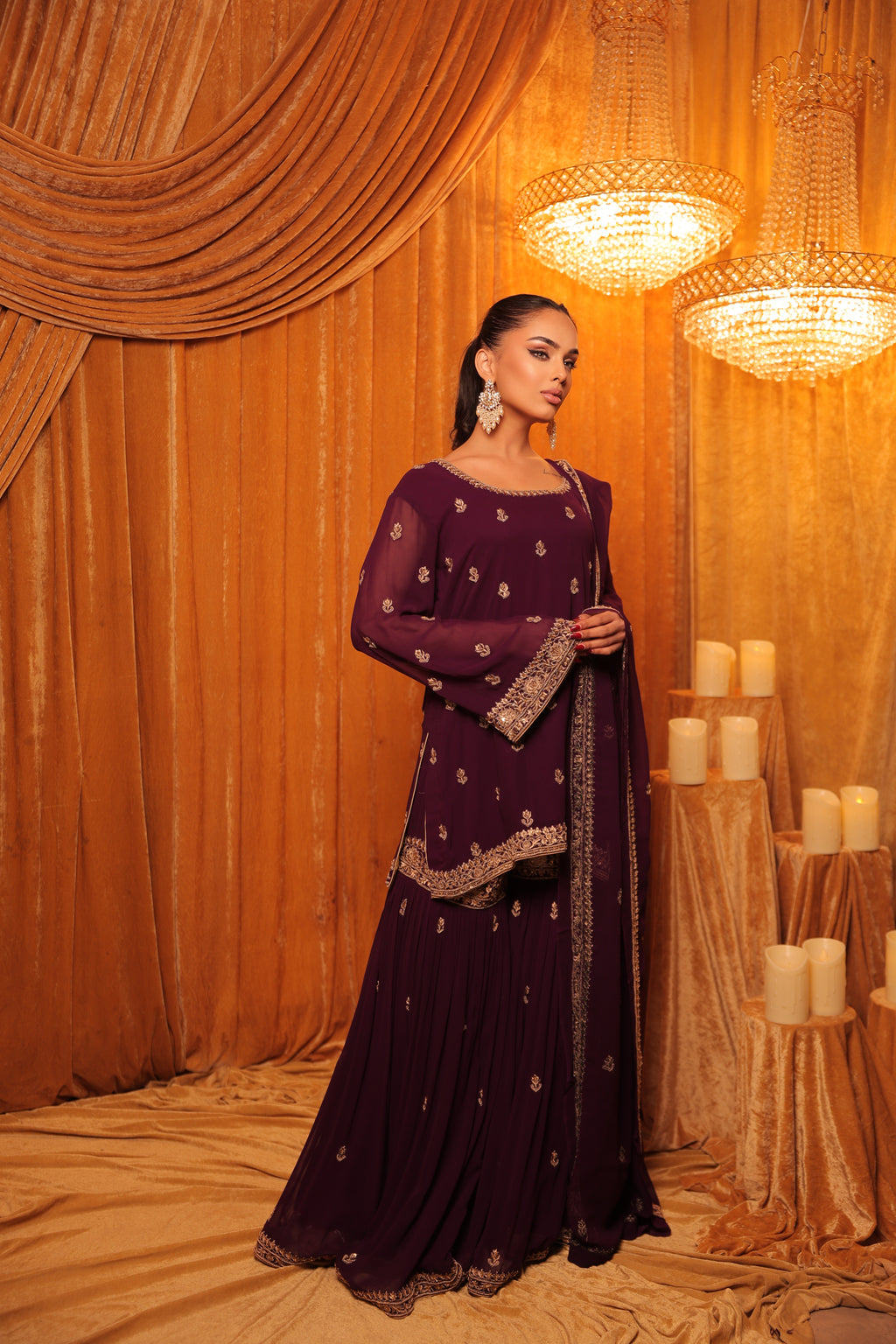 Deep Plum Zari Embroidered Sharara Set