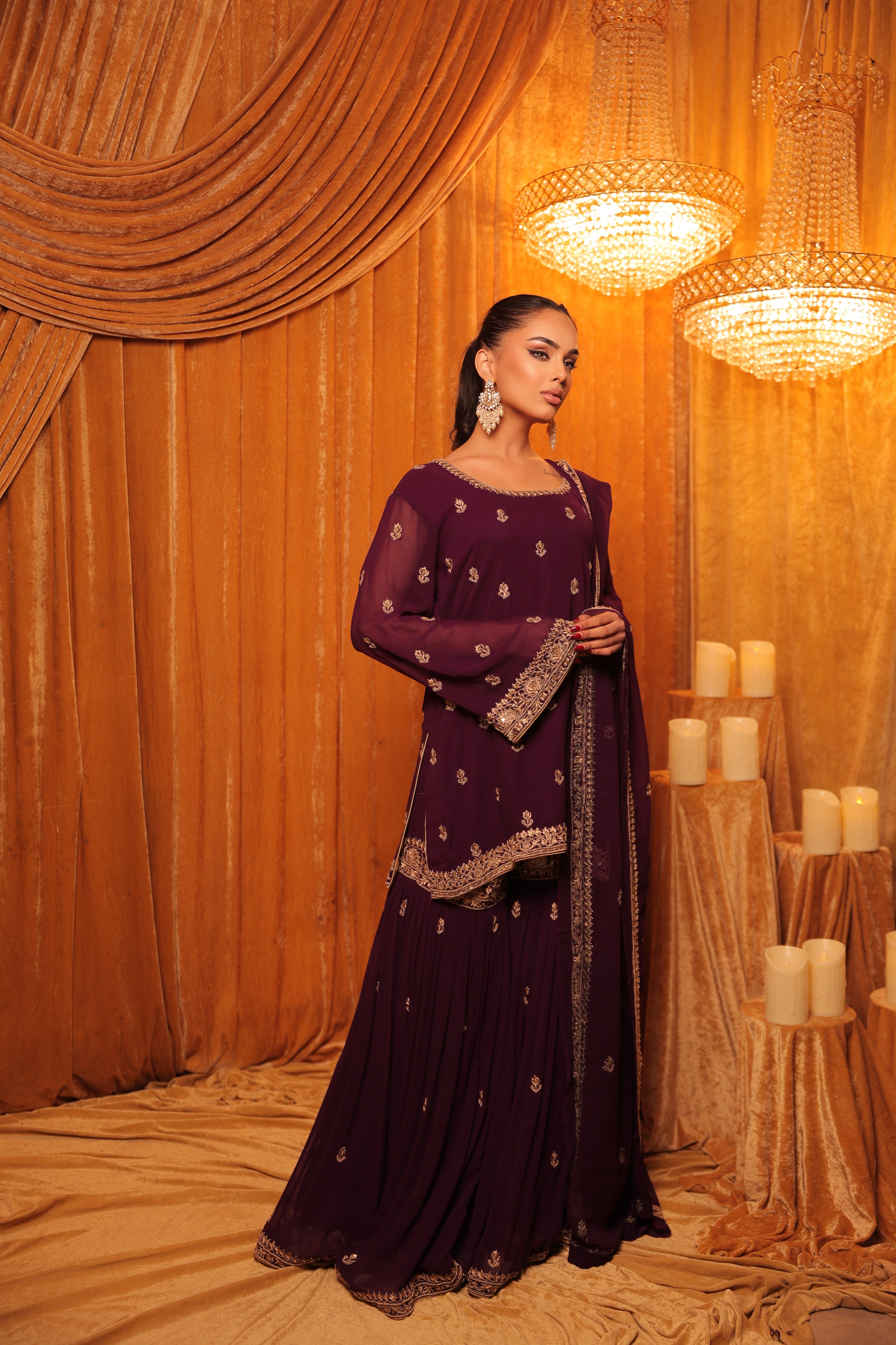 Deep Plum Zari Embroidered Sharara Set