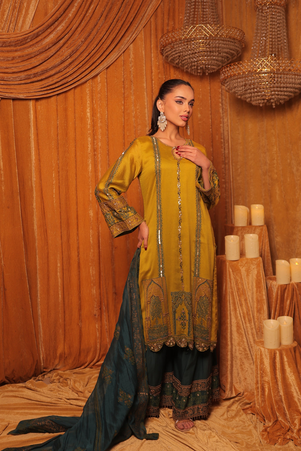 Light & Dark Green Block Printed Embroidered Kurta Set