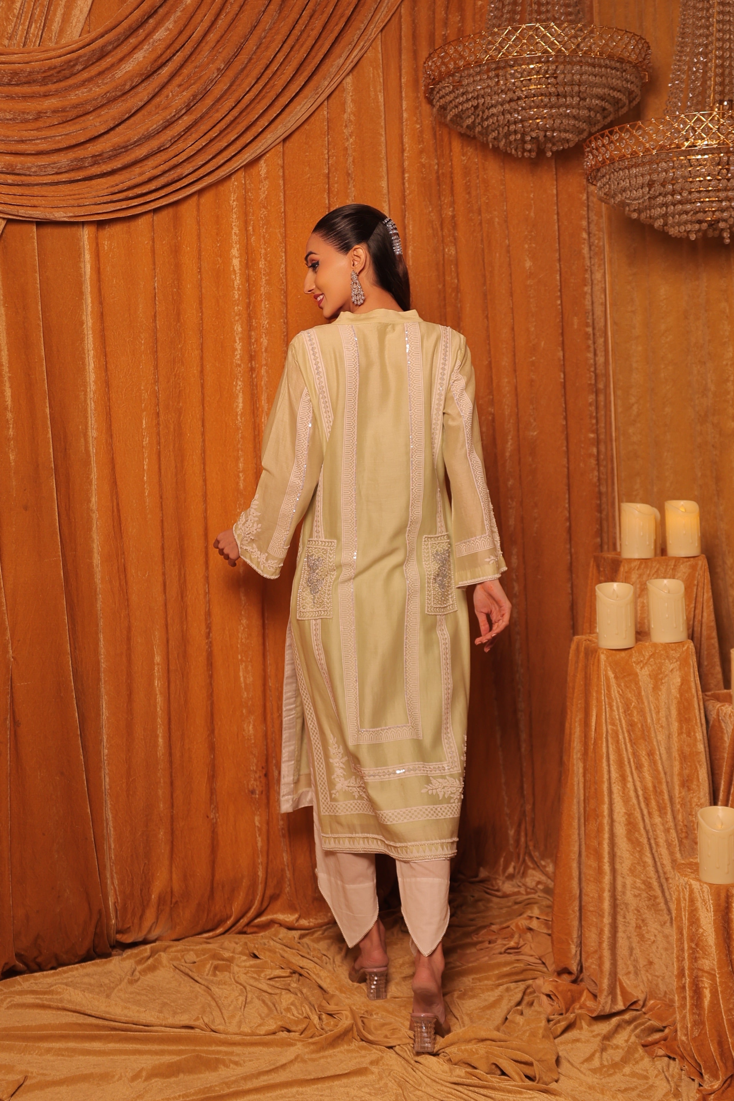 Mint Green Block Printed Embroidered Kurta Set