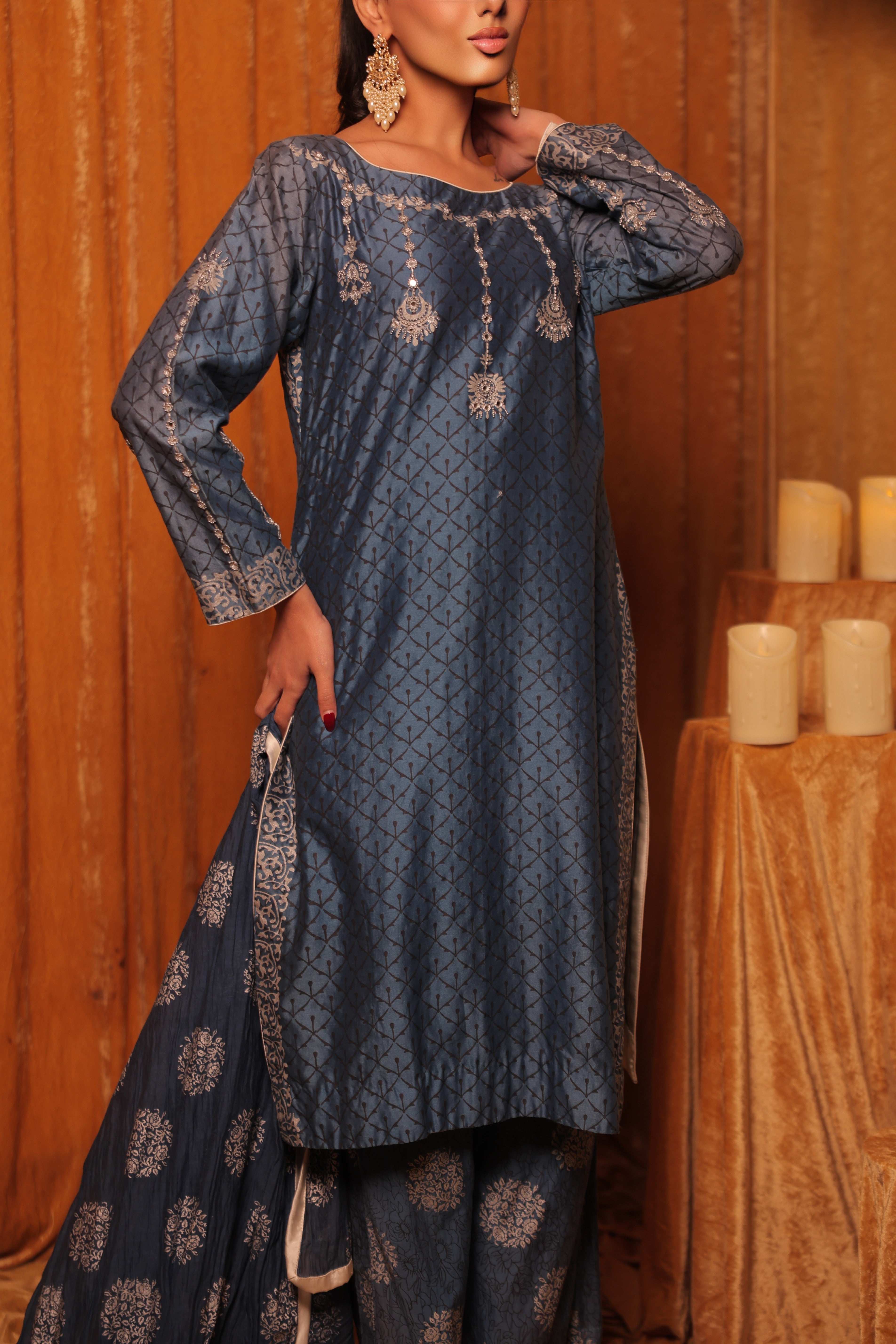 Dark & Light Blue Block Printed Embroidered Kurta Set