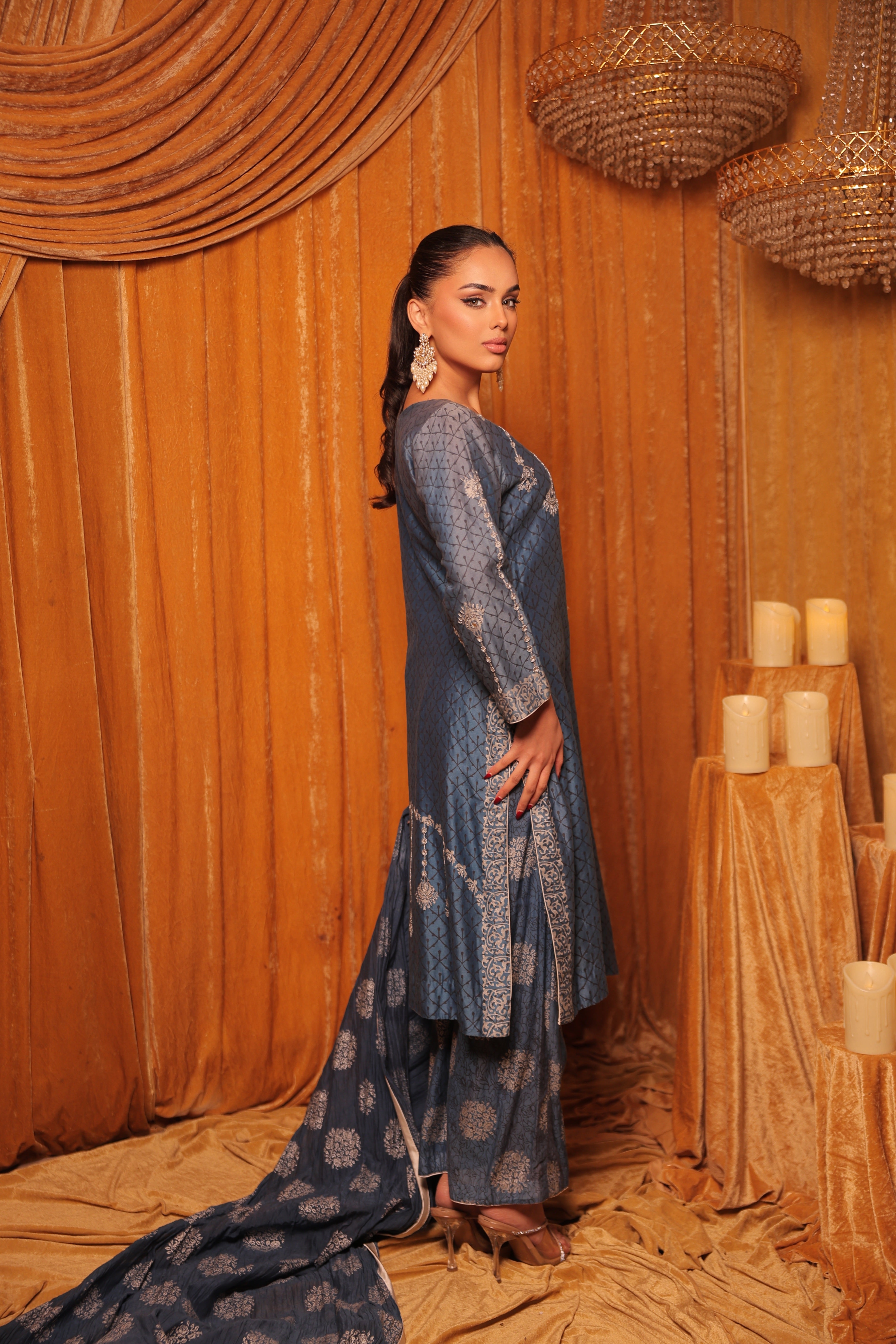 Dark & Light Blue Block Printed Embroidered Kurta Set