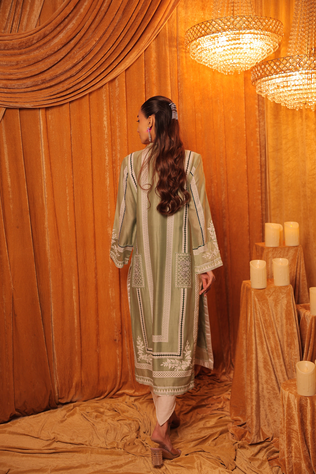 Sage Green Block Printed Embroidered Kurta Set