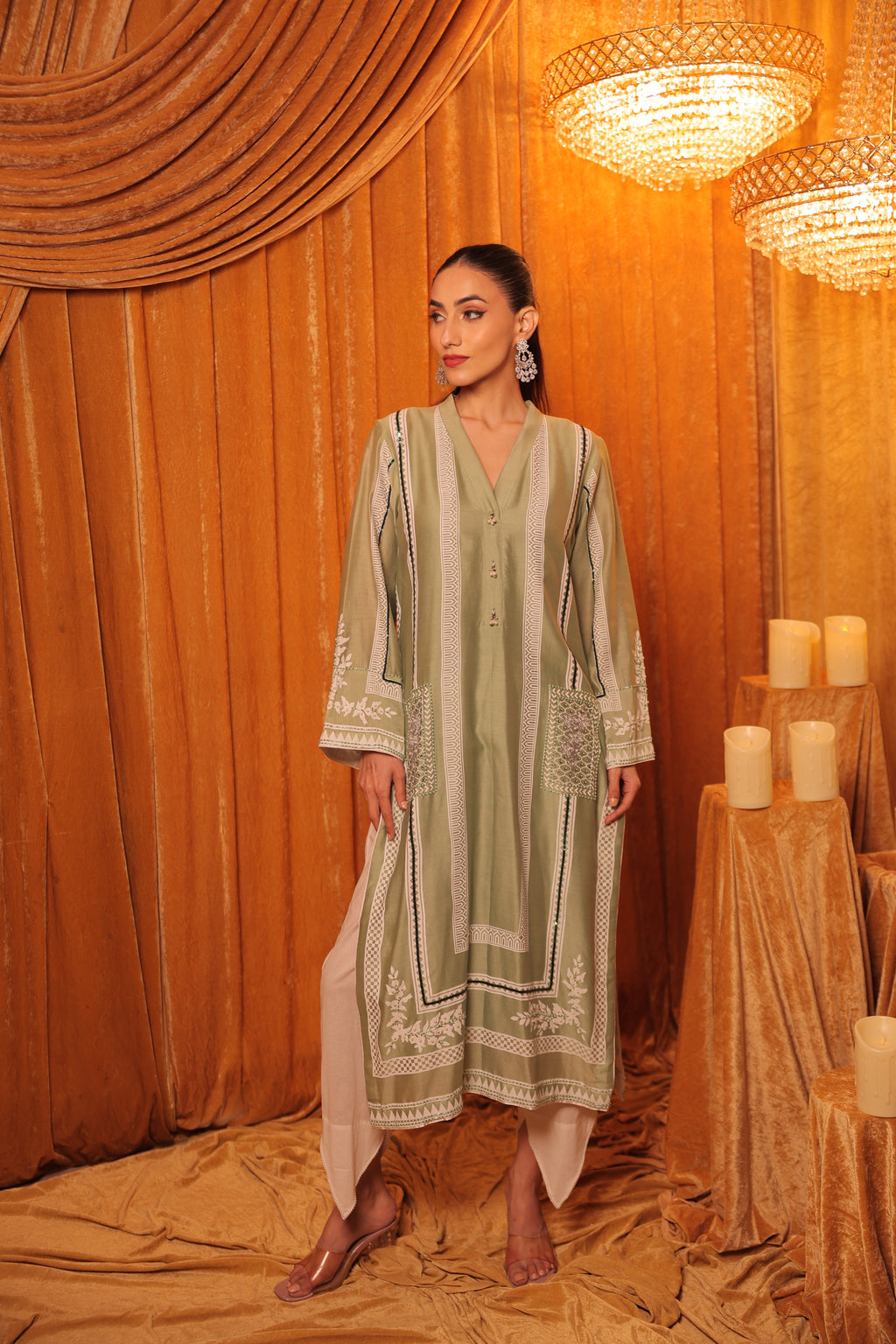 Sage Green Block Printed Embroidered Kurta Set