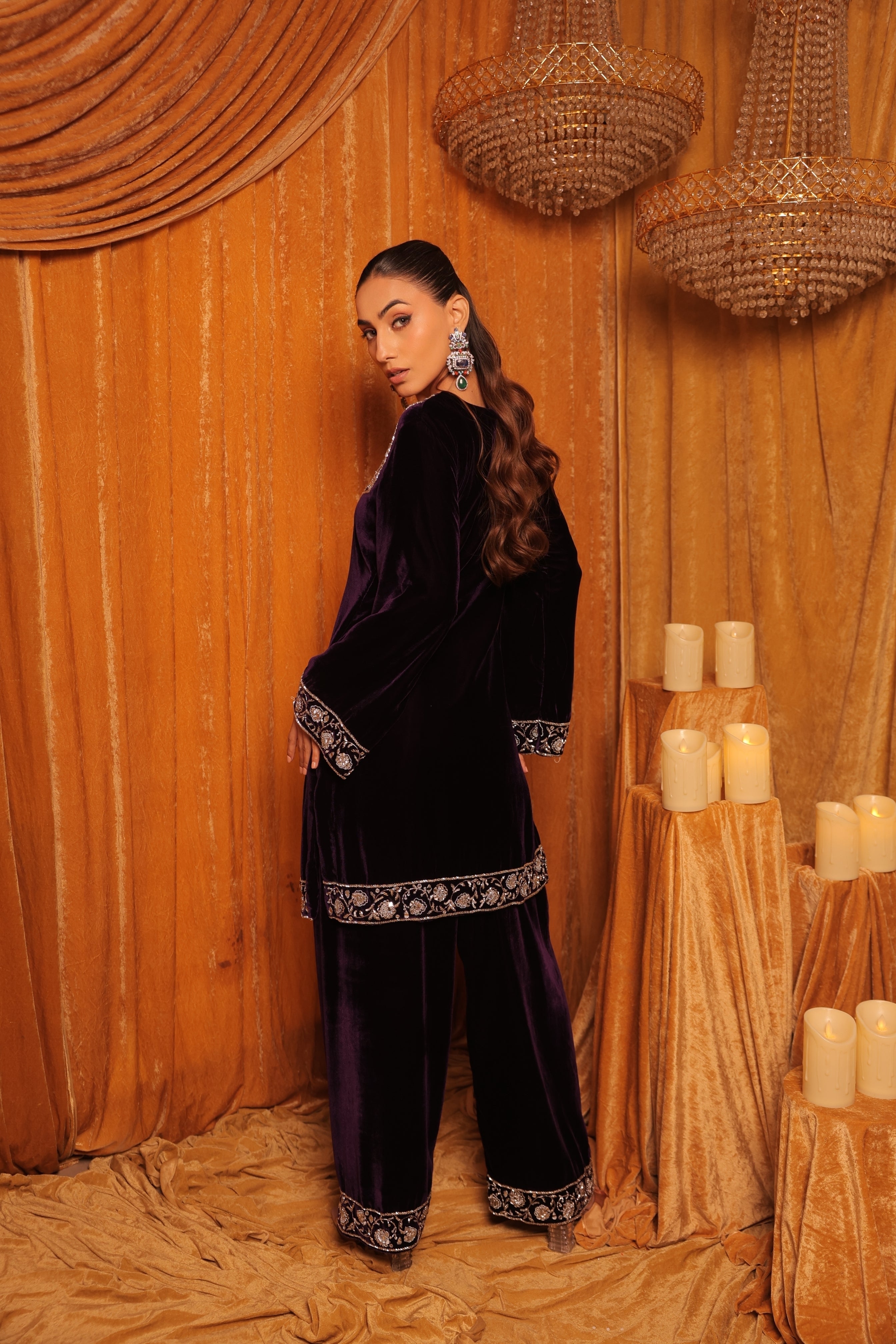 Hand embroidered long velvet kurta set