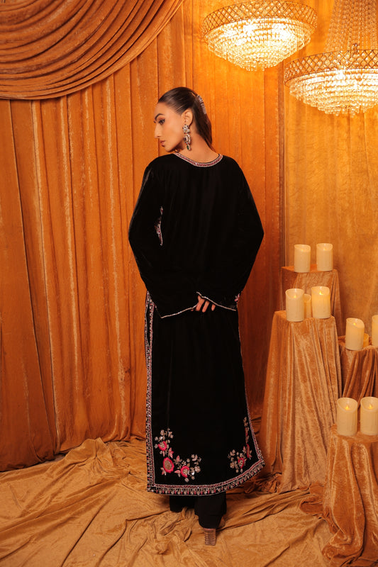 Hand embroidered long velvet kurta set
