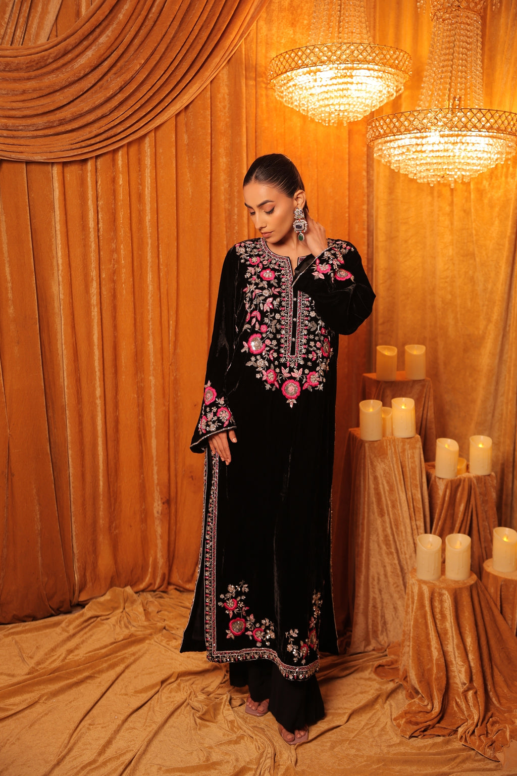Hand Embroidered Long Velvet Kurta Set